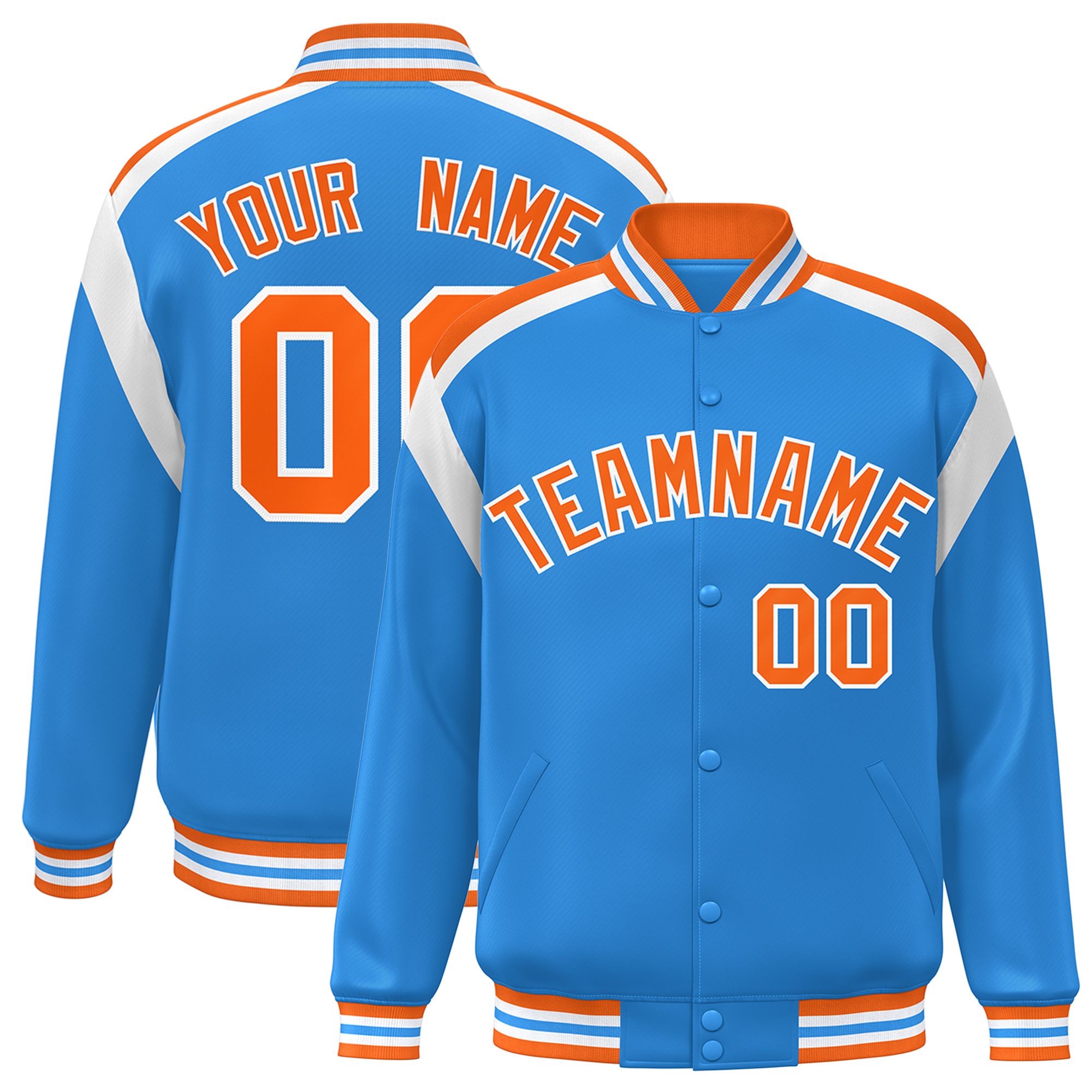 Custom Powder Blue Varsity Full-Snap Color Block Letterman Jacket