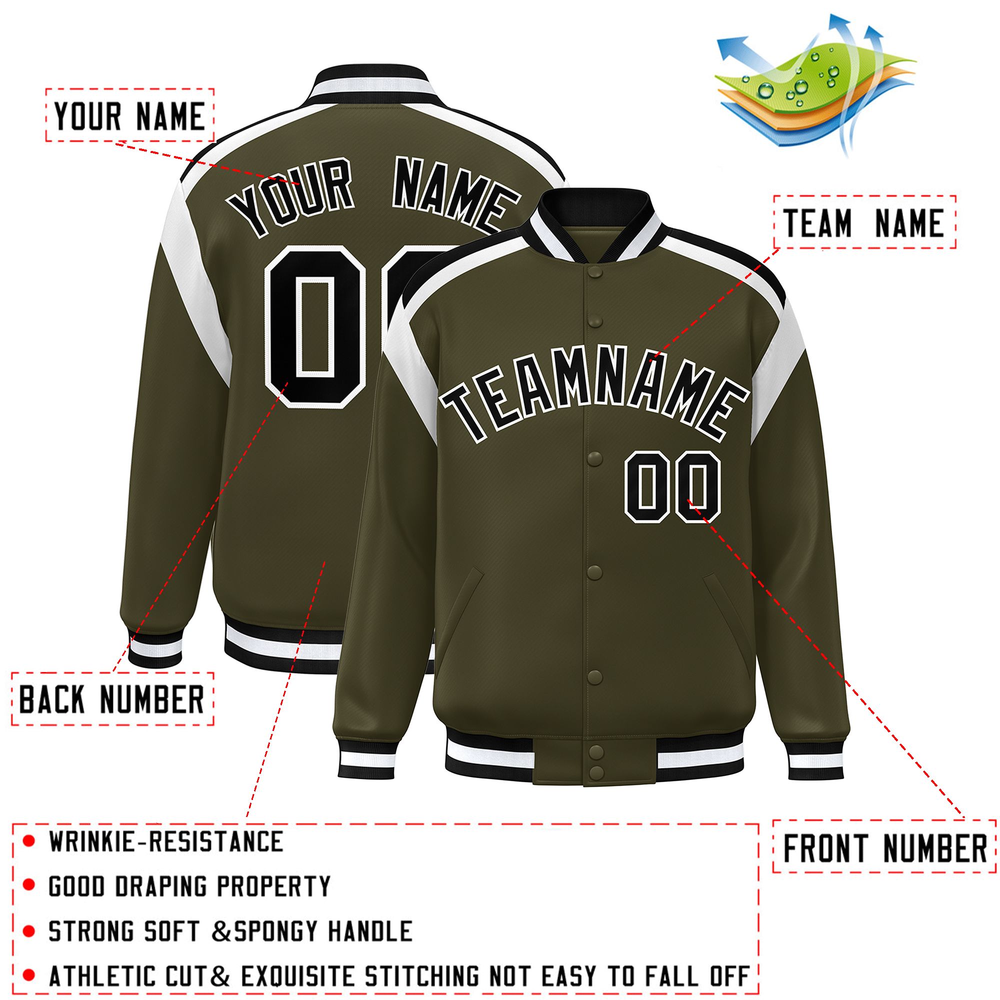 Custom Olive Varsity Full-Snap Color Block Letterman Jacket