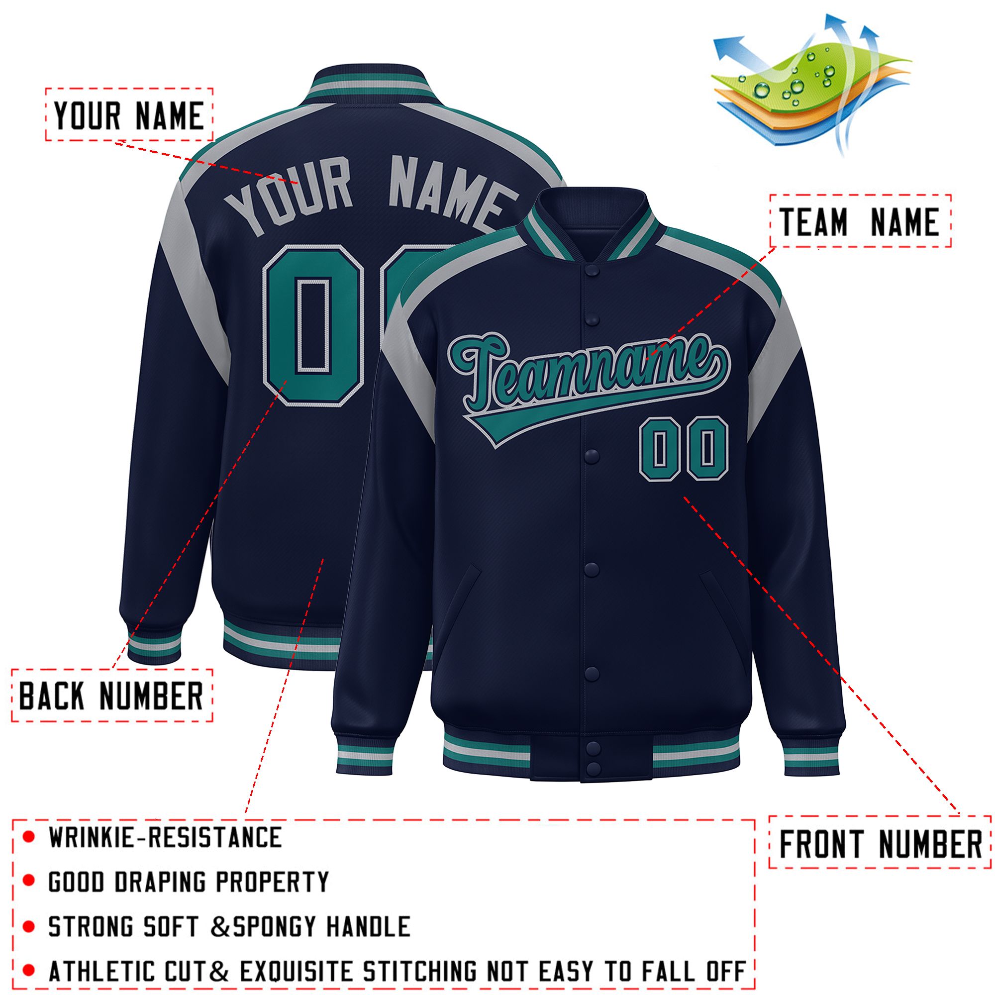 Custom Navy Varsity Full-Snap Color Block Letterman Jacket