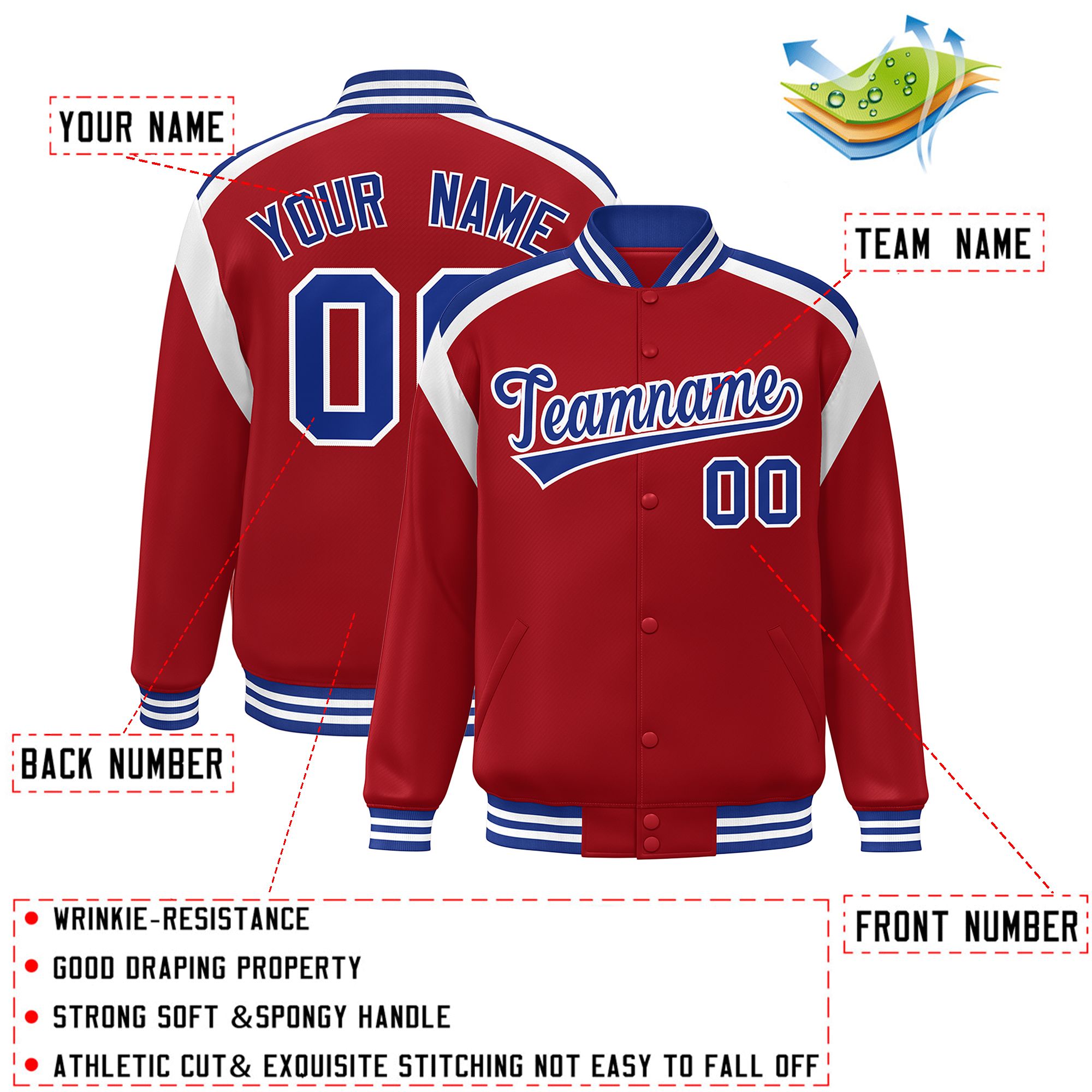 Custom Red Varsity Full-Snap Color Block Letterman Jacket