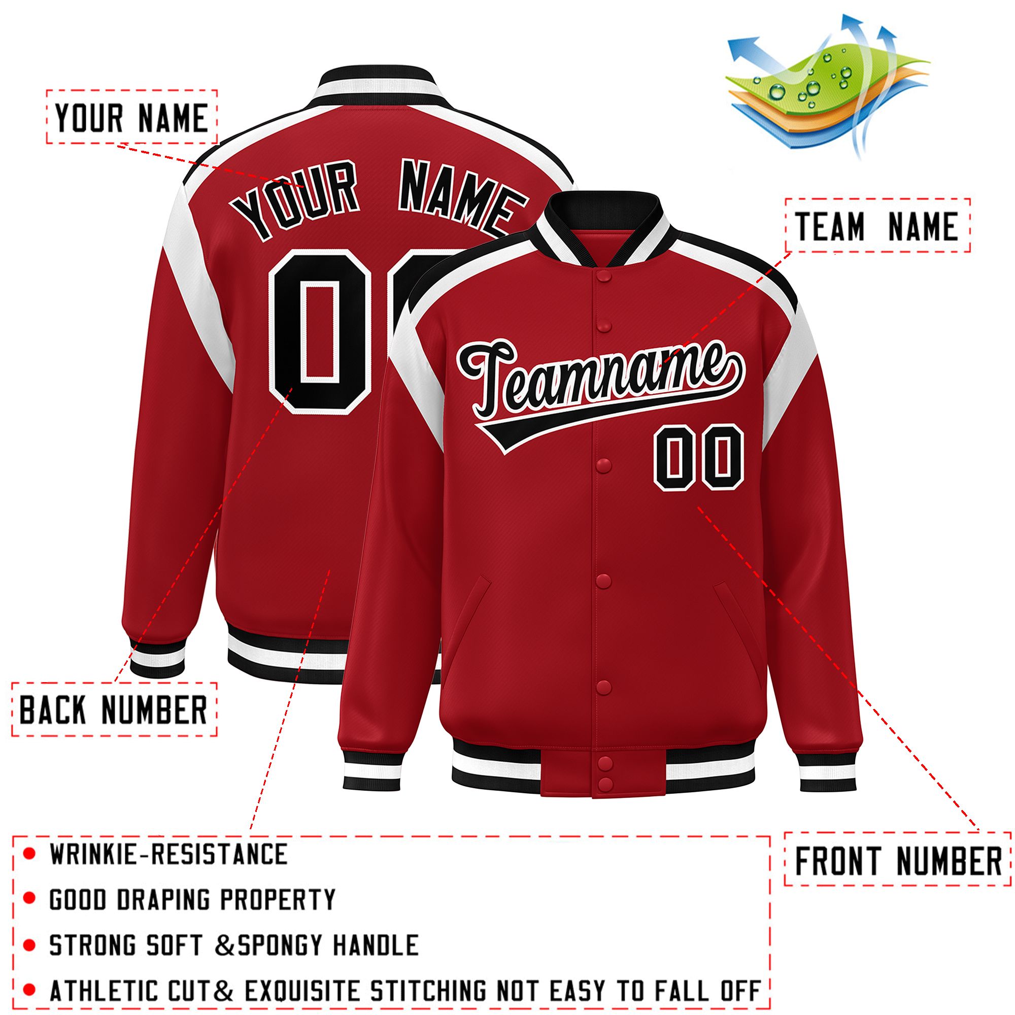 Custom Red Varsity Full-Snap Color Block Letterman Jacket