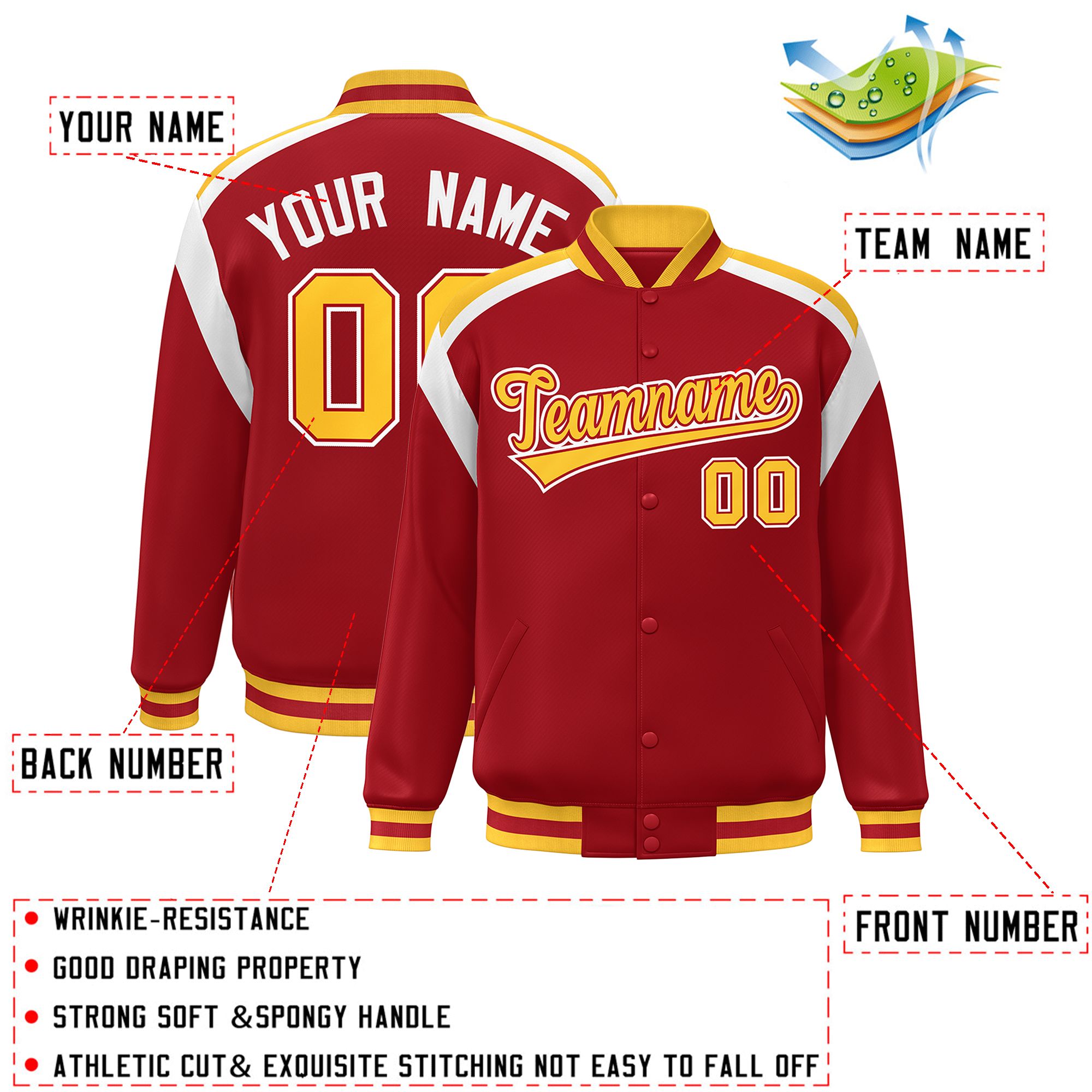 Custom Red Varsity Full-Snap Color Block Letterman Jacket