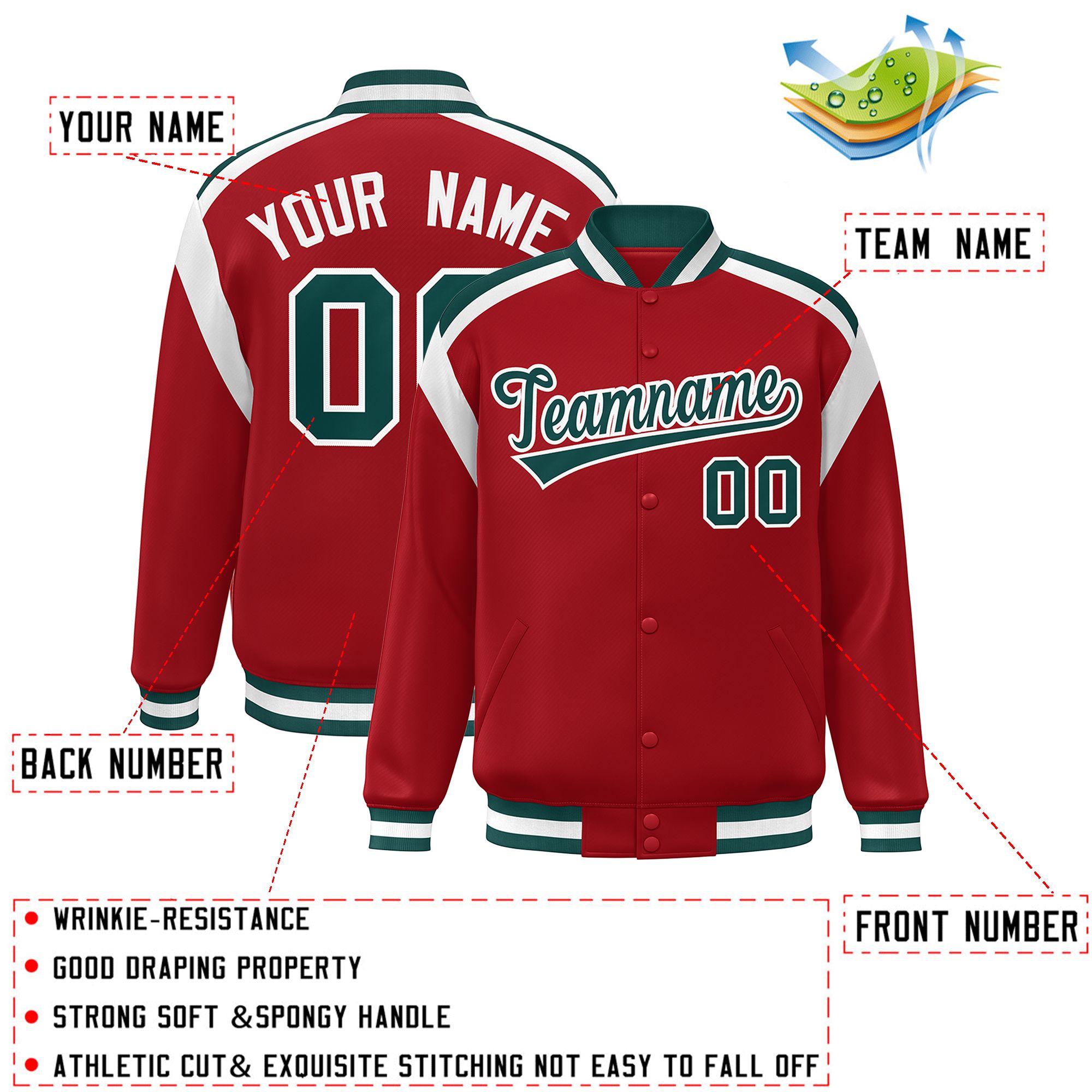 Custom Red Varsity Full-Snap Color Block Letterman Jacket