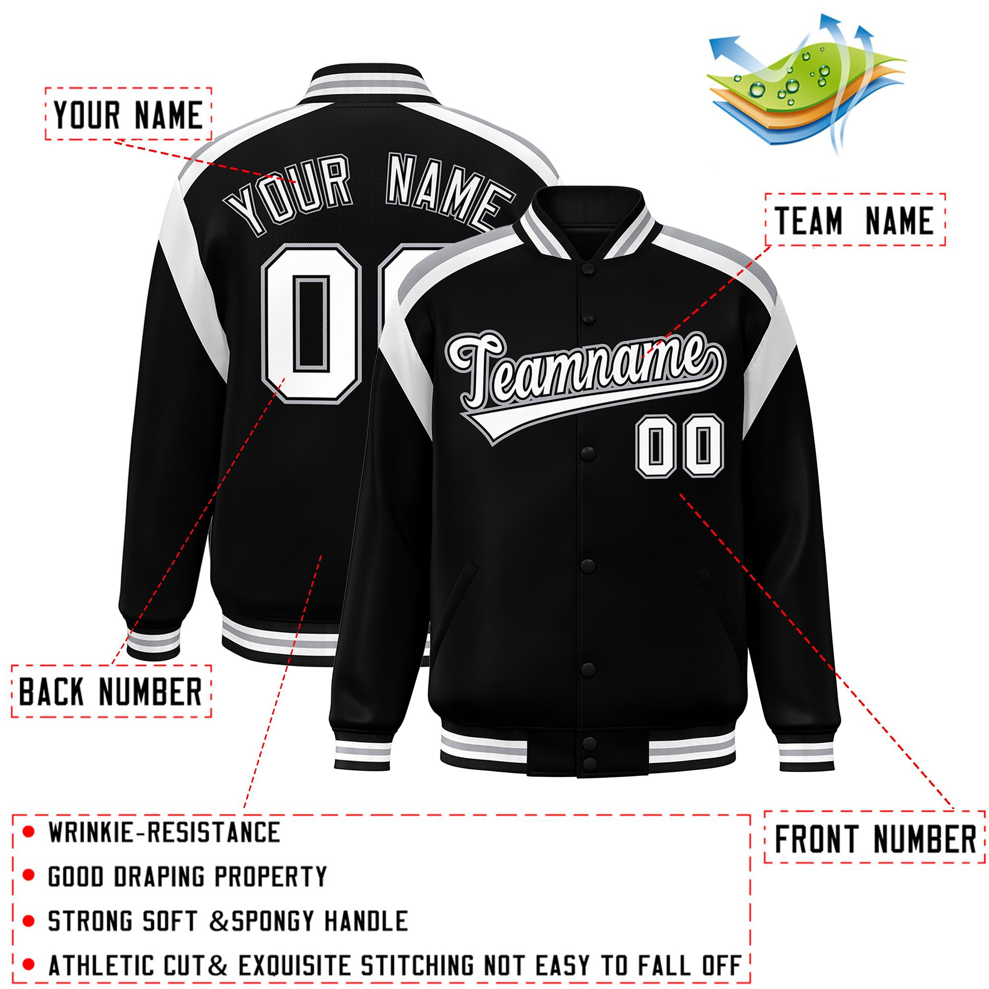 Custom Black Varsity Full-Snap Color Block Letterman Jacket