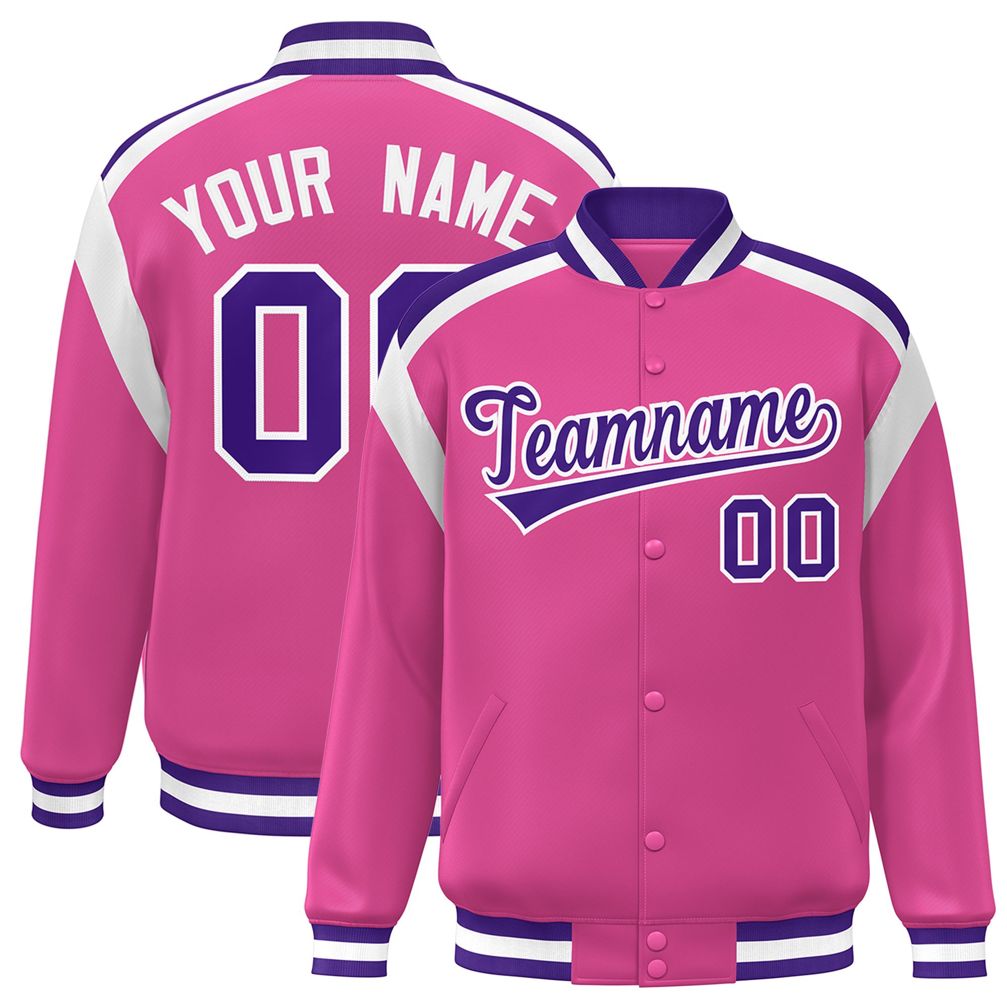 Custom Pink Varsity Full-Snap Color Block Letterman Jacket