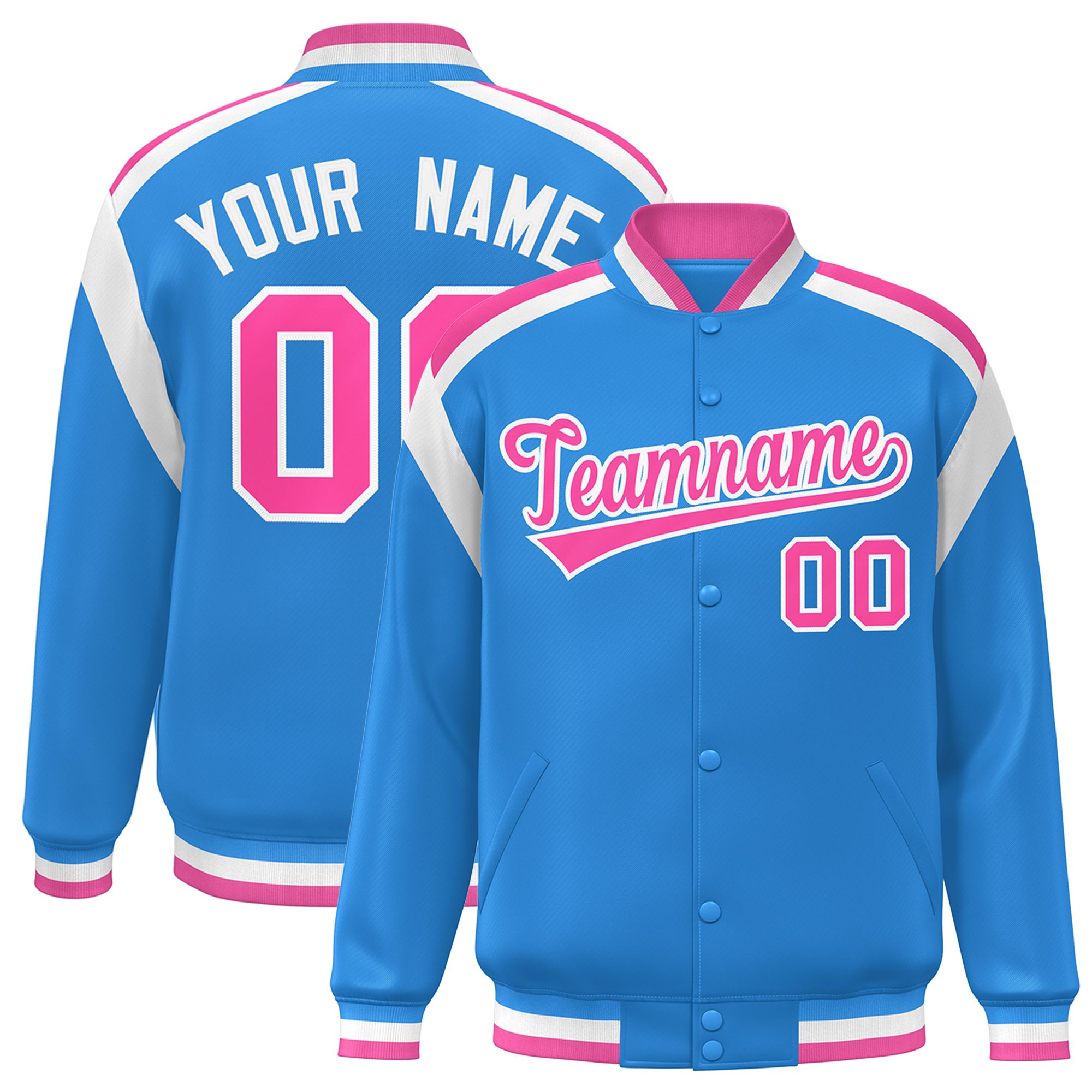 Custom Powder Blue Varsity Full-Snap Color Block Letterman Jacket