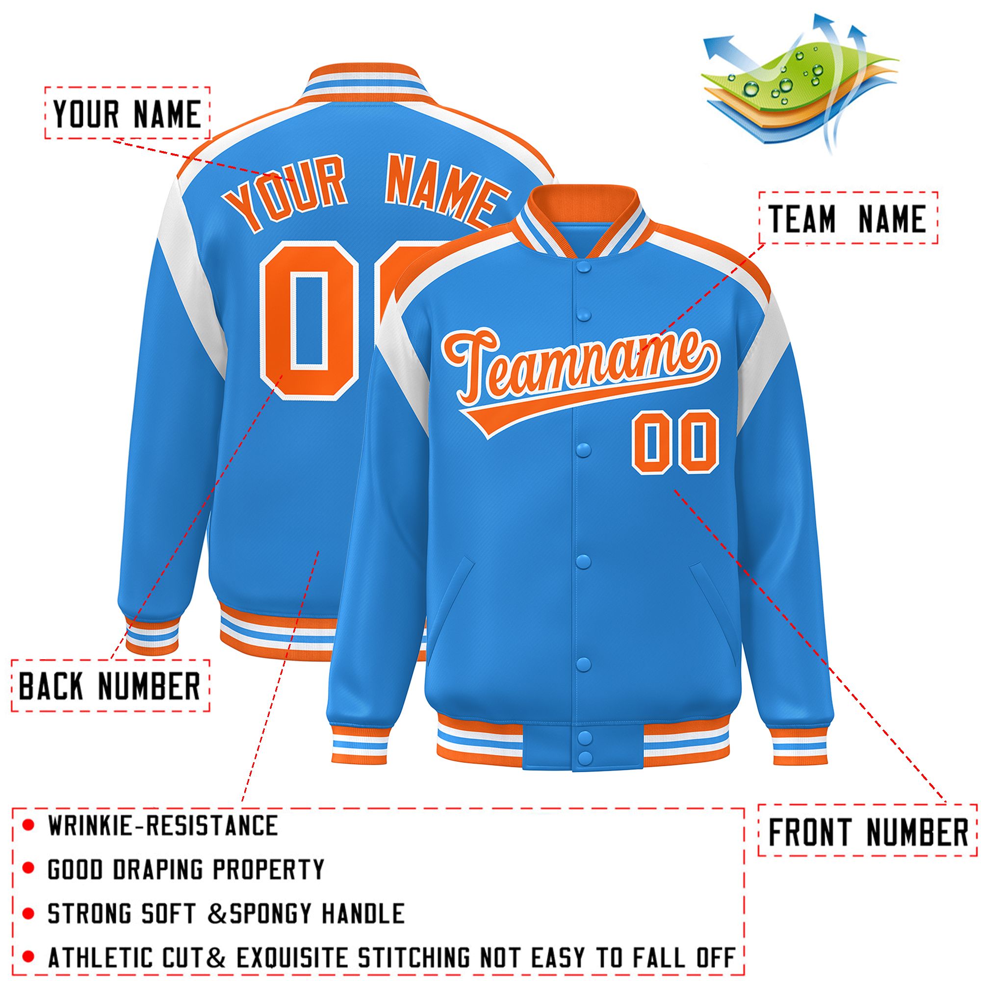 Custom Powder Blue Varsity Full-Snap Color Block Letterman Jacket