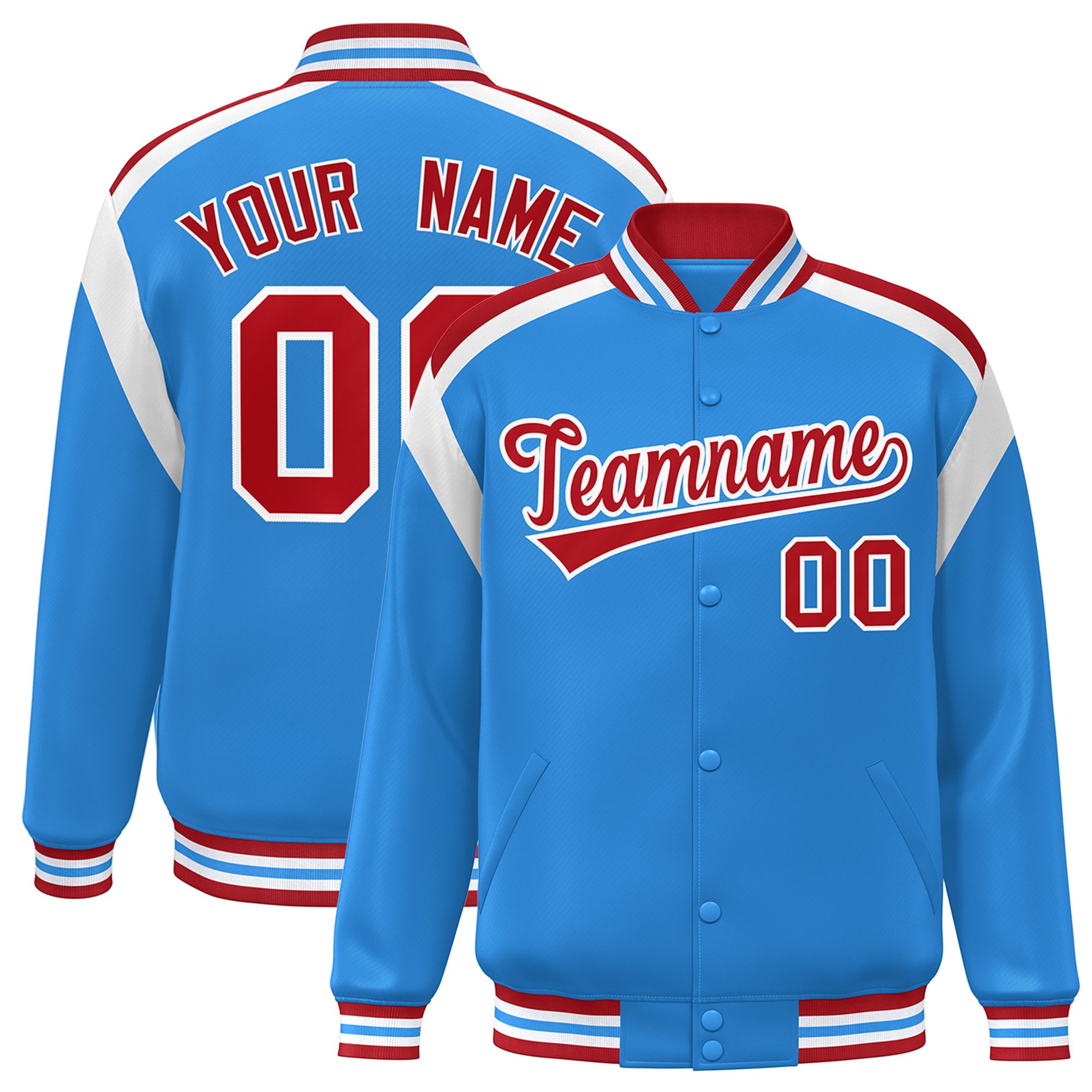 Custom Powder Blue Varsity Full-Snap Color Block Letterman Jacket