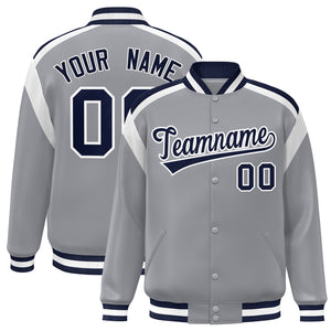 Custom Gray Varsity Full-Snap Color Block Letterman Jacket