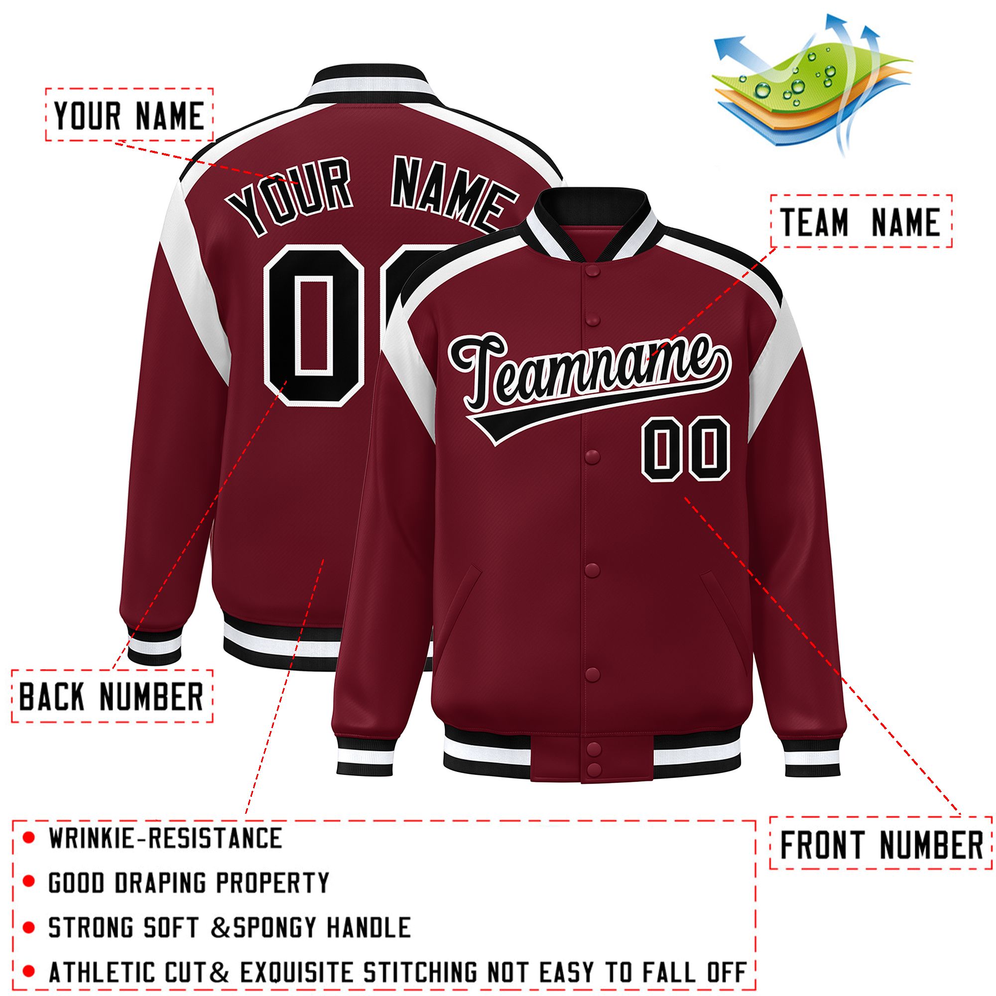 Custom Crimson Varsity Full-Snap Color Block Letterman Jacket