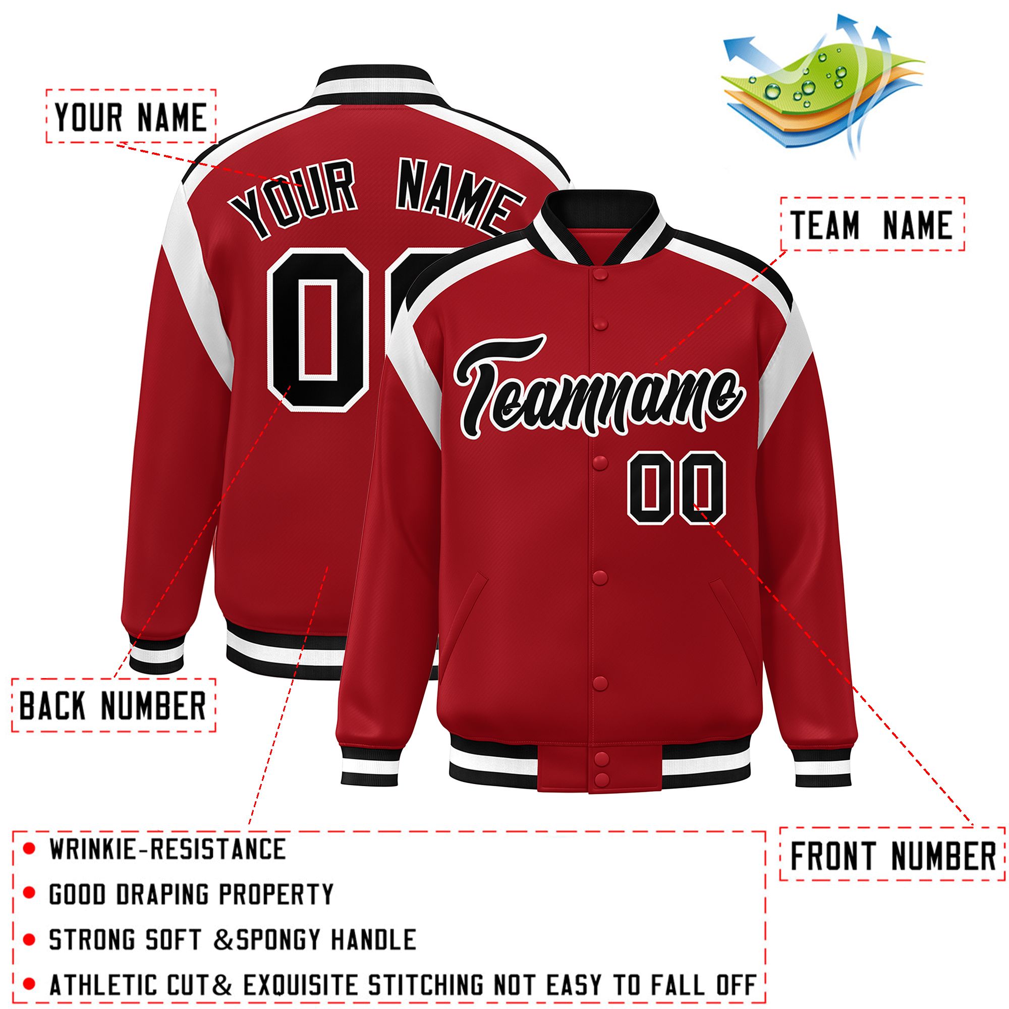 Custom Red Varsity Full-Snap Color Block Letterman Jacket