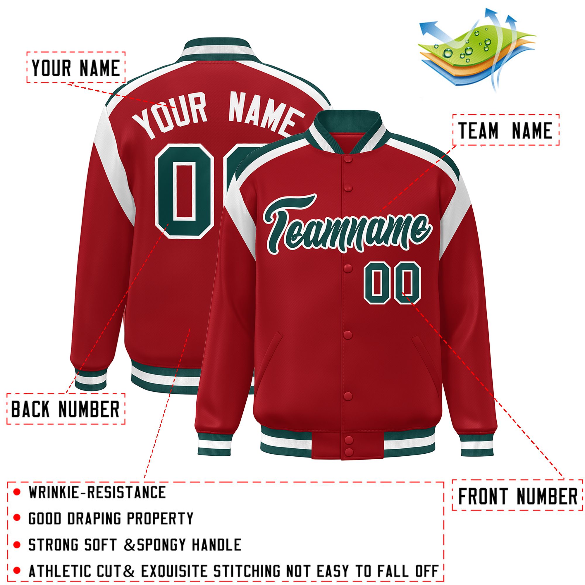 Custom Red Varsity Full-Snap Color Block Letterman Jacket