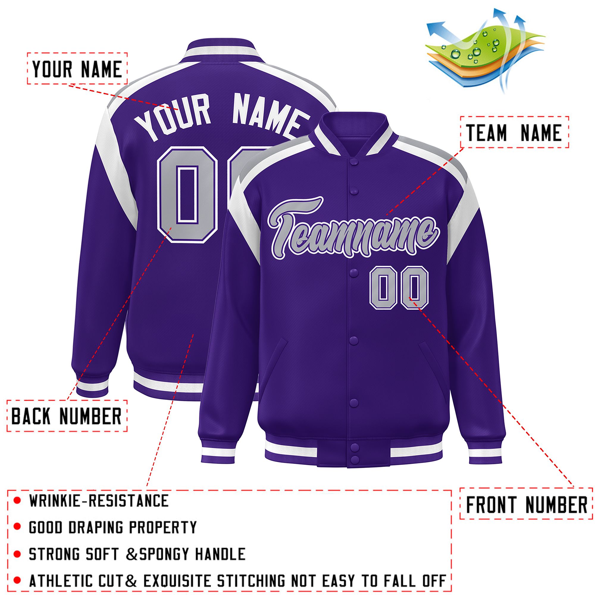 Custom Purple Varsity Full-Snap Color Block Letterman Jacket