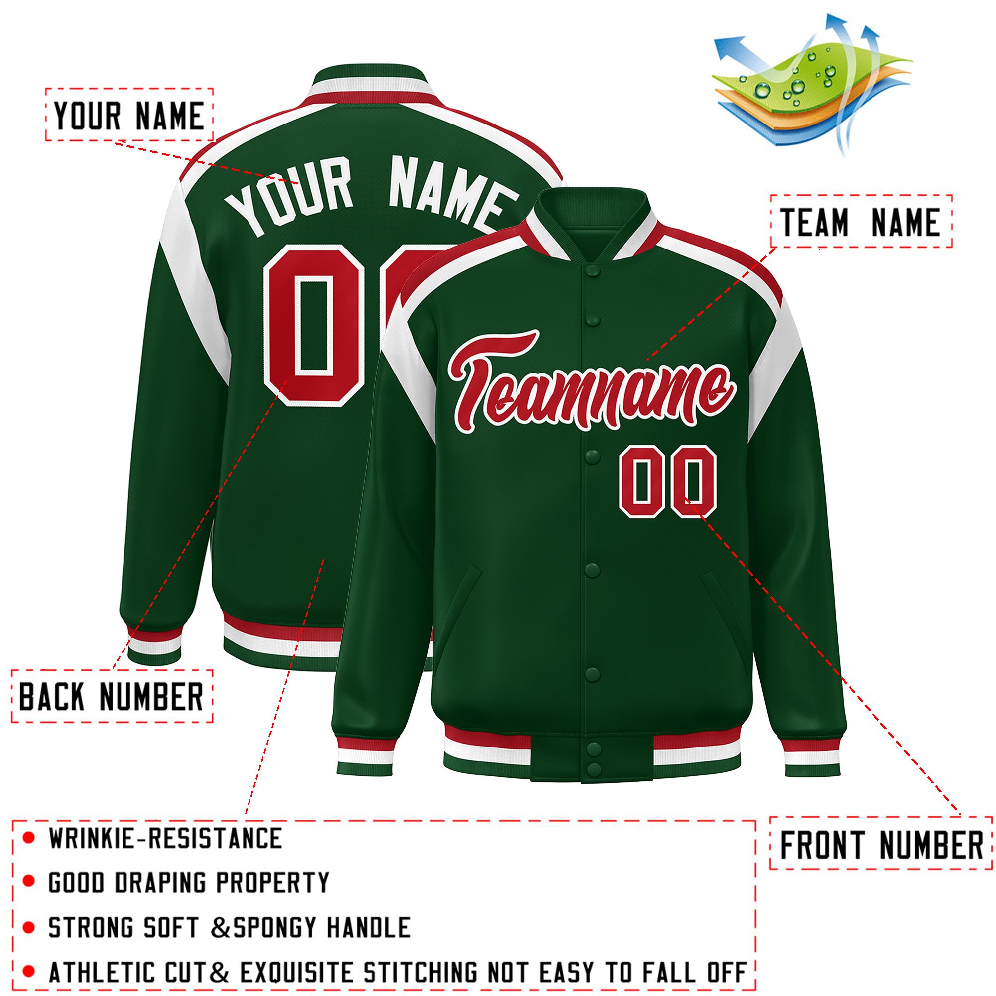 Custom Green Varsity Full-Snap Color Block Letterman Jacket