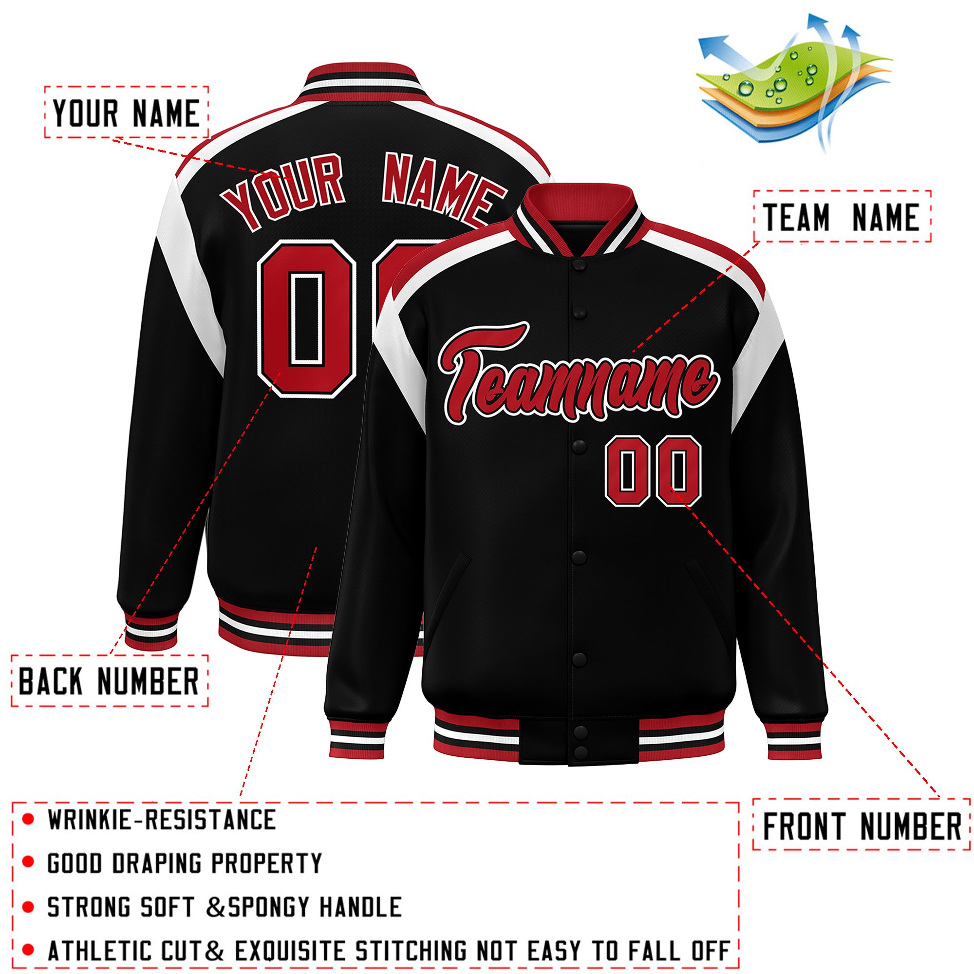 Custom Black Varsity Full-Snap Color Block Letterman Jacket