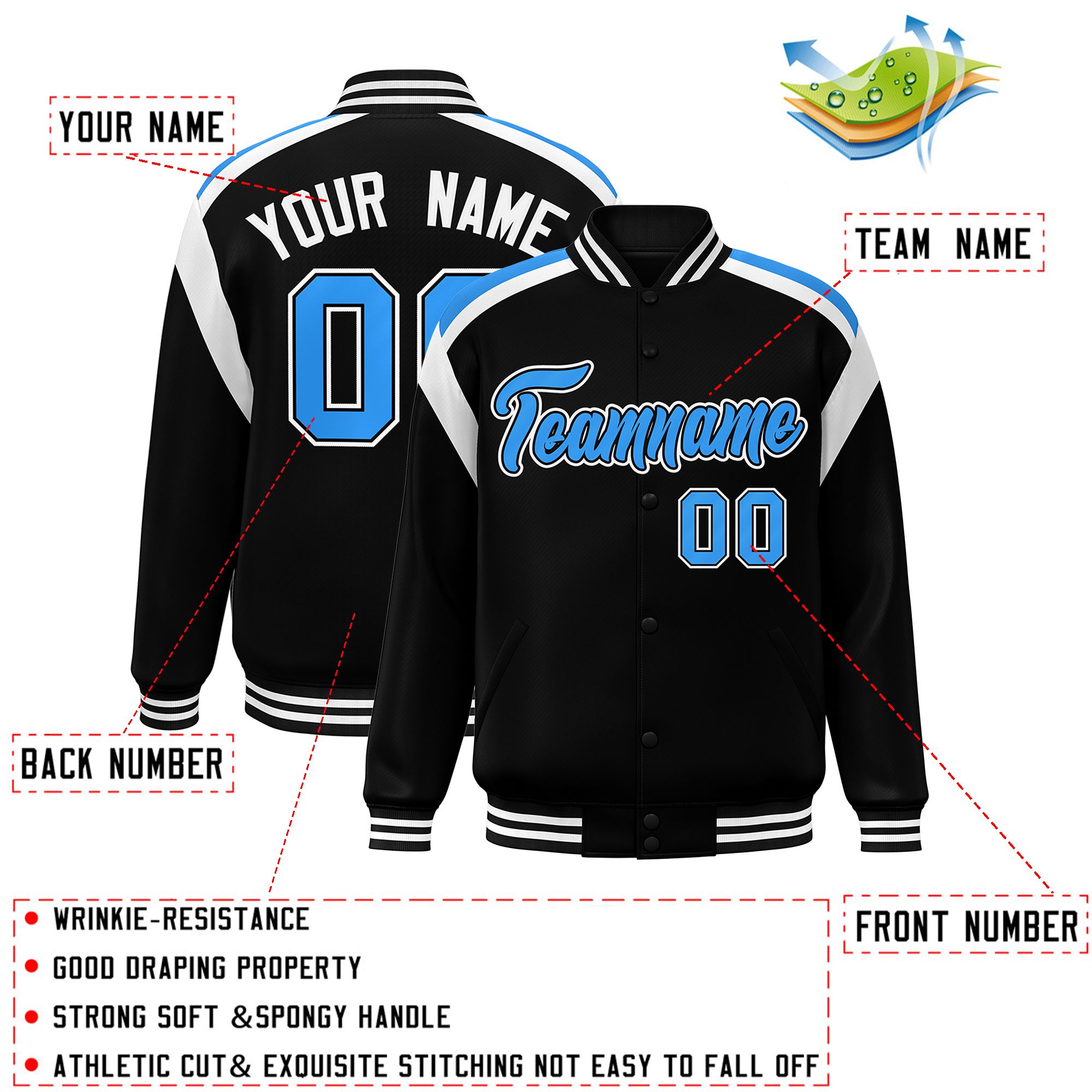 Custom Black Varsity Full-Snap Color Block Letterman Jacket