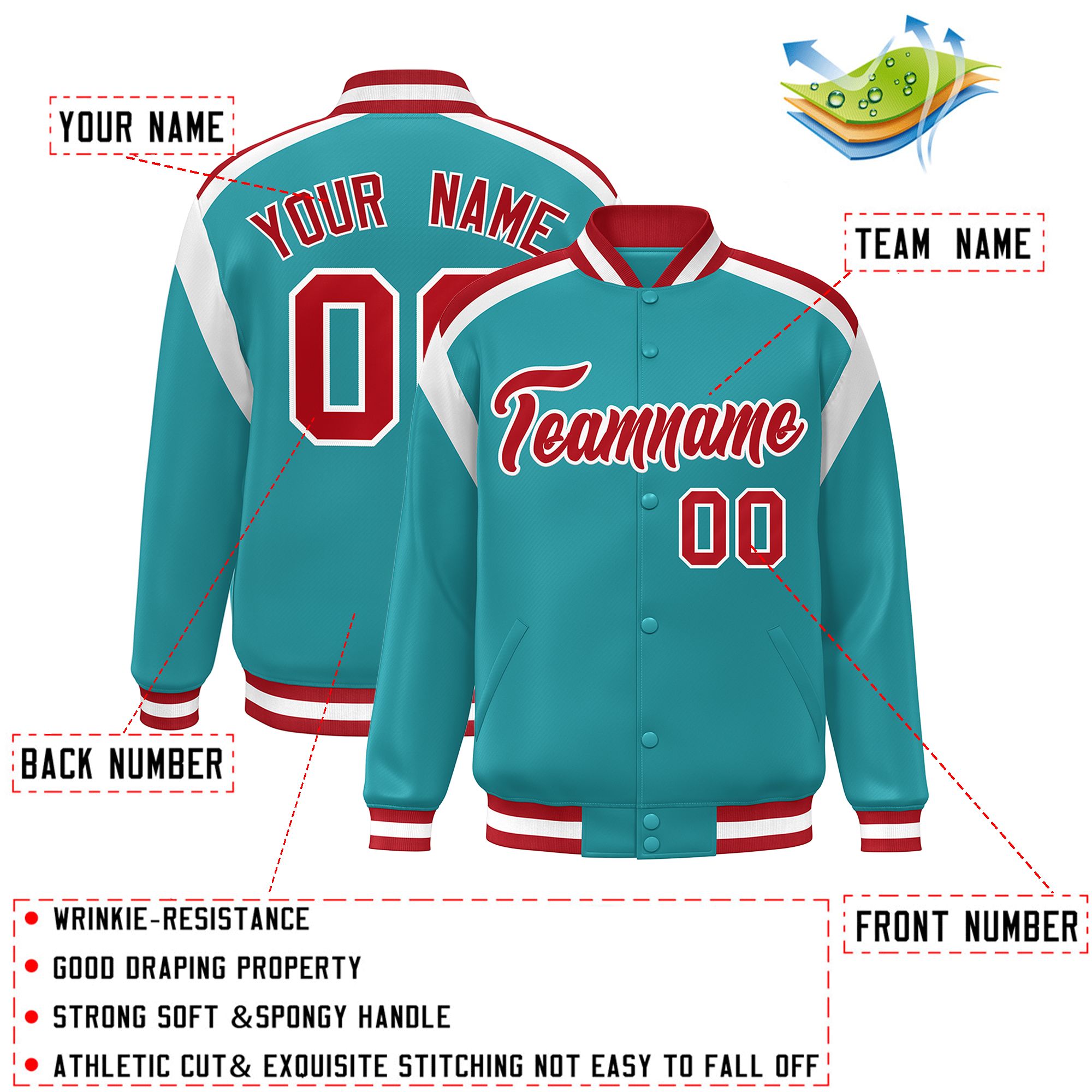 Custom Aqua Varsity Full-Snap Color Block Letterman Jacket