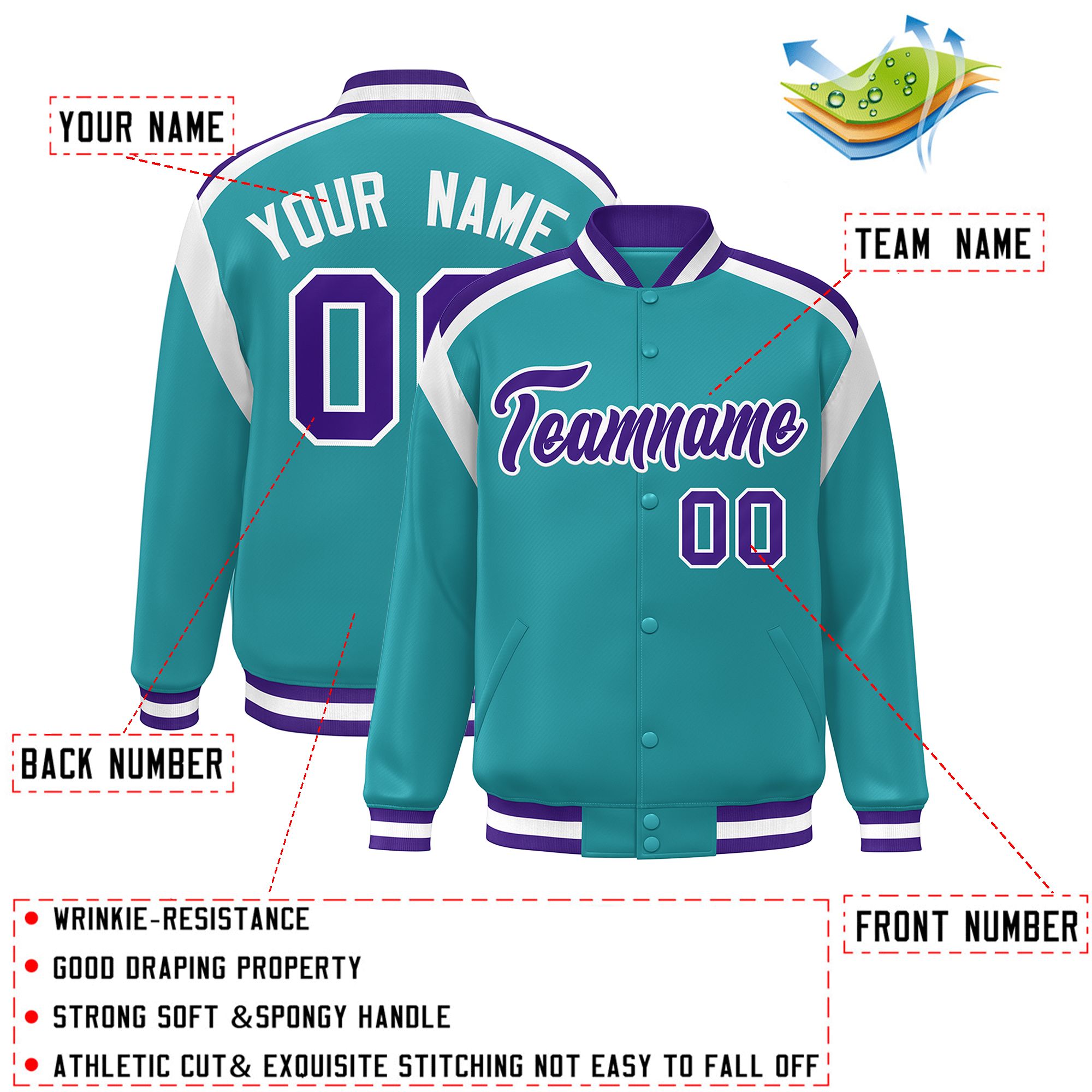 Custom Aqua Varsity Full-Snap Color Block Letterman Jacket