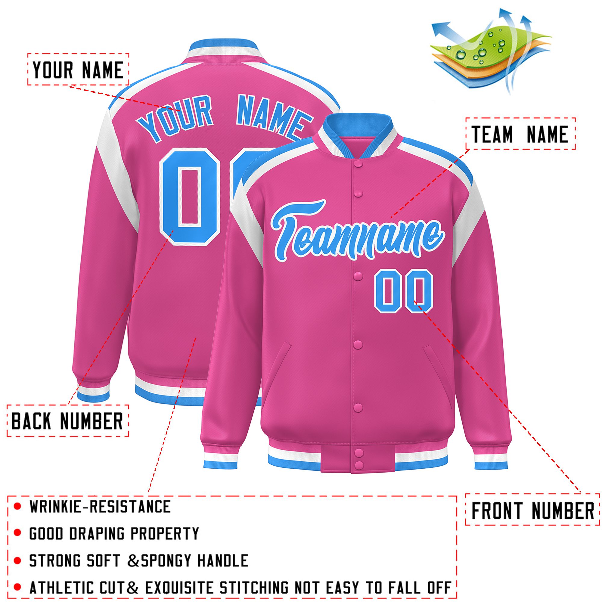 Custom Pink Varsity Full-Snap Color Block Letterman Jacket