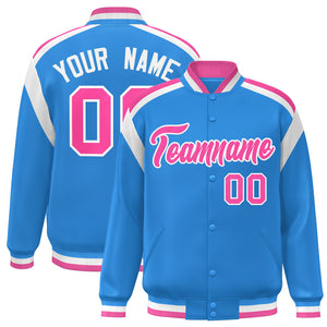 Custom Powder Blue Varsity Full-Snap Color Block Letterman Jacket