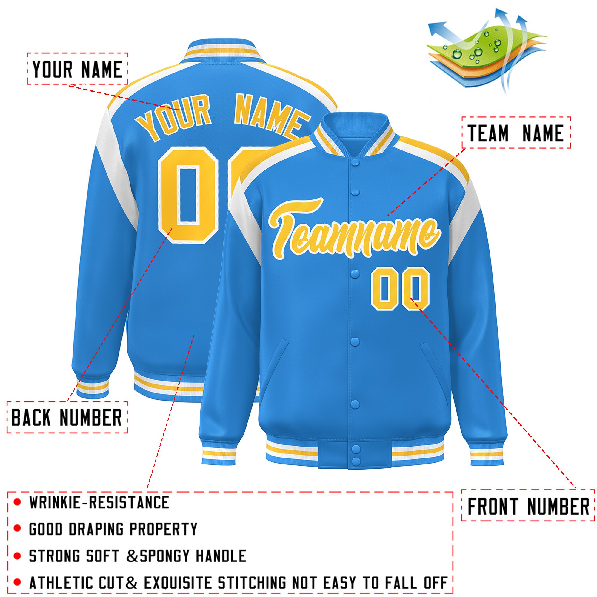 Custom Powder Blue Varsity Full-Snap Color Block Letterman Jacket