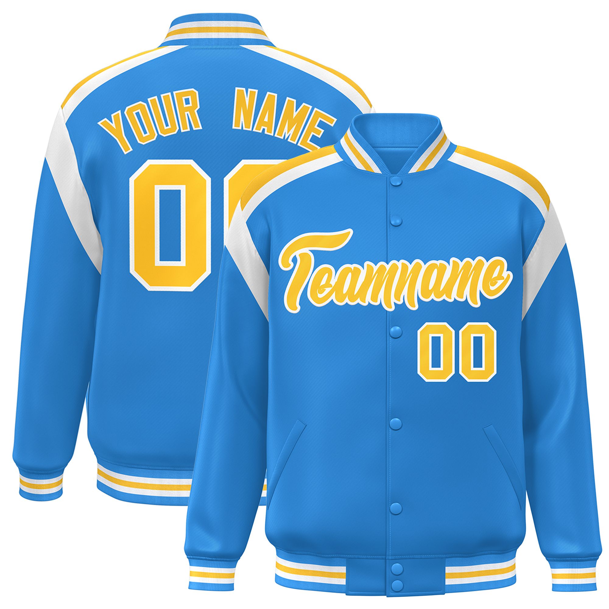 Custom Powder Blue Varsity Full-Snap Color Block Letterman Jacket