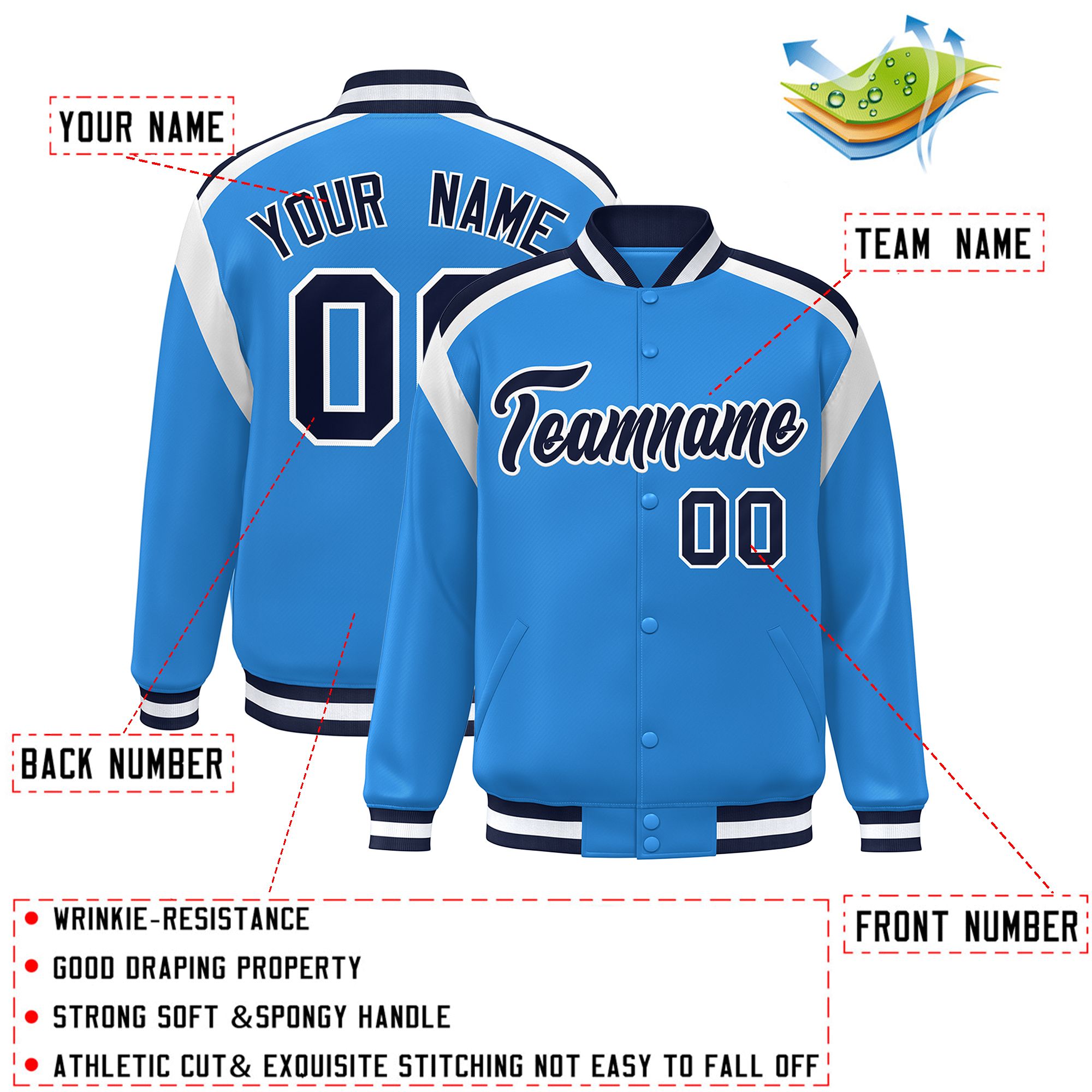 Custom Powder Blue Varsity Full-Snap Color Block Letterman Jacket