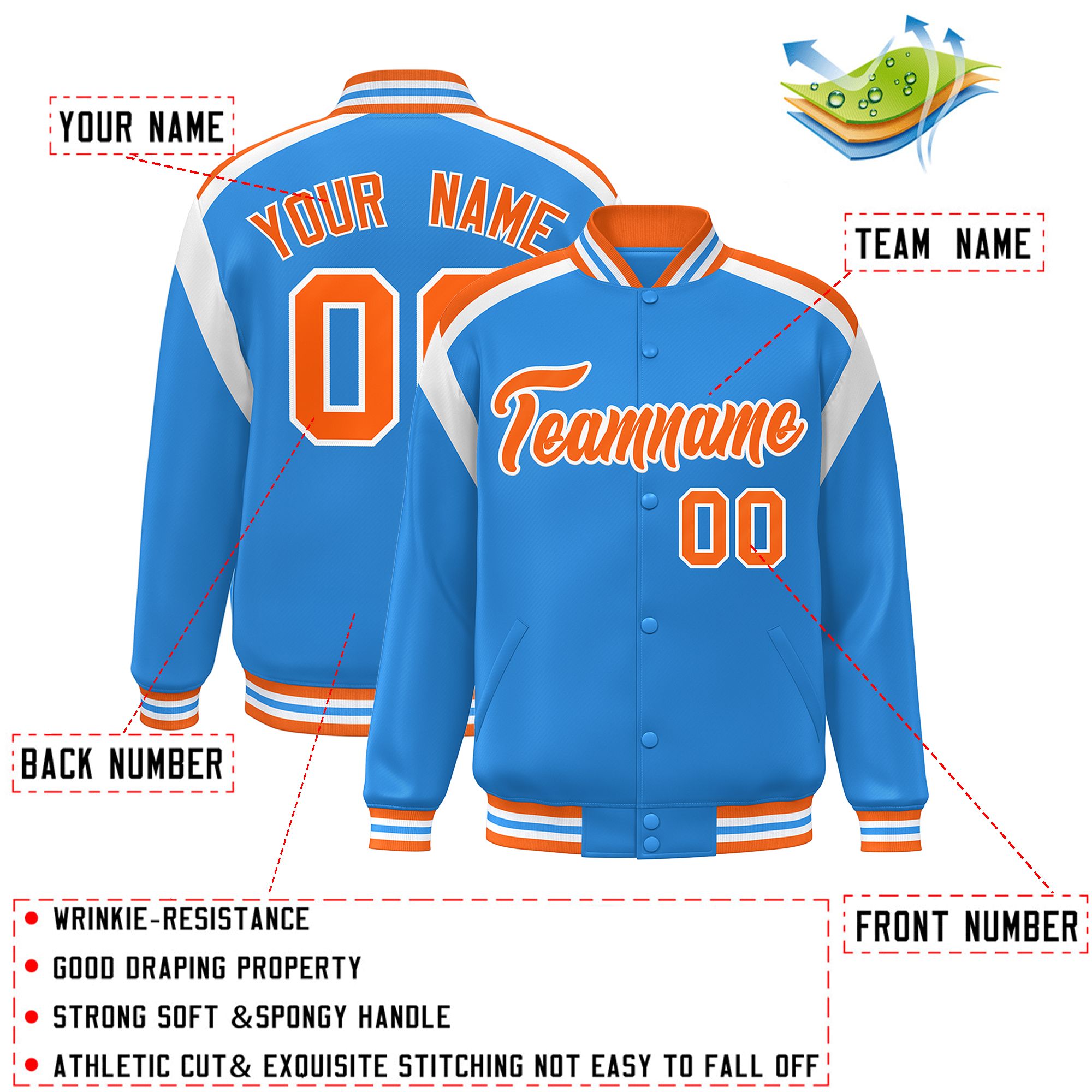 Custom Powder Blue Varsity Full-Snap Color Block Letterman Jacket