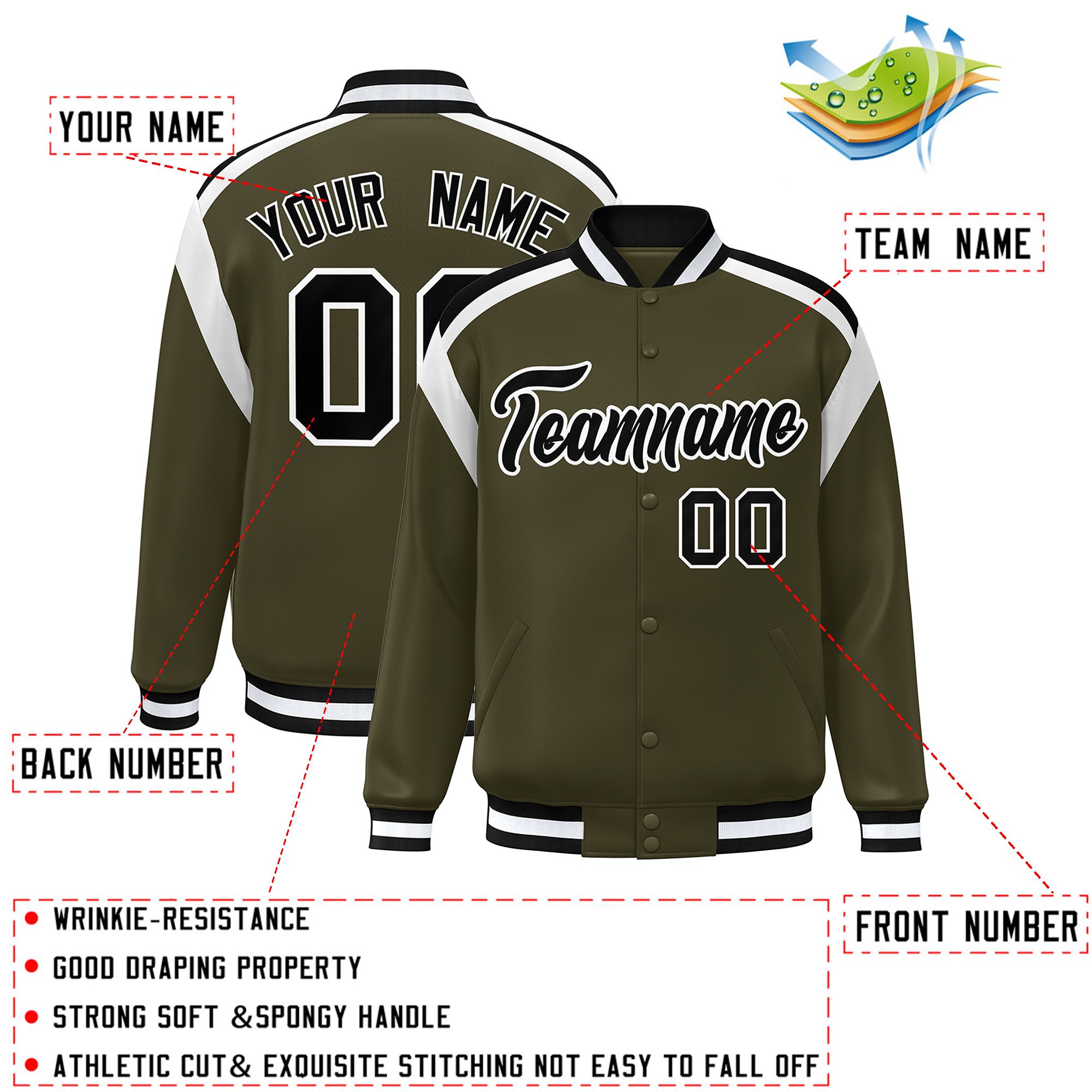 Custom Olive Varsity Full-Snap Color Block Letterman Jacket