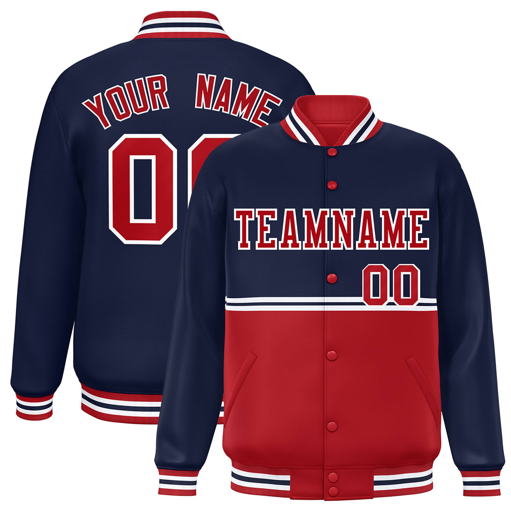 Custom Navy Red Varsity Full-Snap Color Block Letterman Jacket