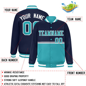 Custom Navy Aqua Varsity Full-Snap Color Block Letterman Jacket