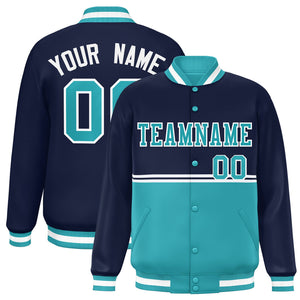 Custom Navy Aqua Varsity Full-Snap Color Block Letterman Jacket