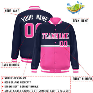 Custom Navy Pink Varsity Full-Snap Color Block Letterman Jacket