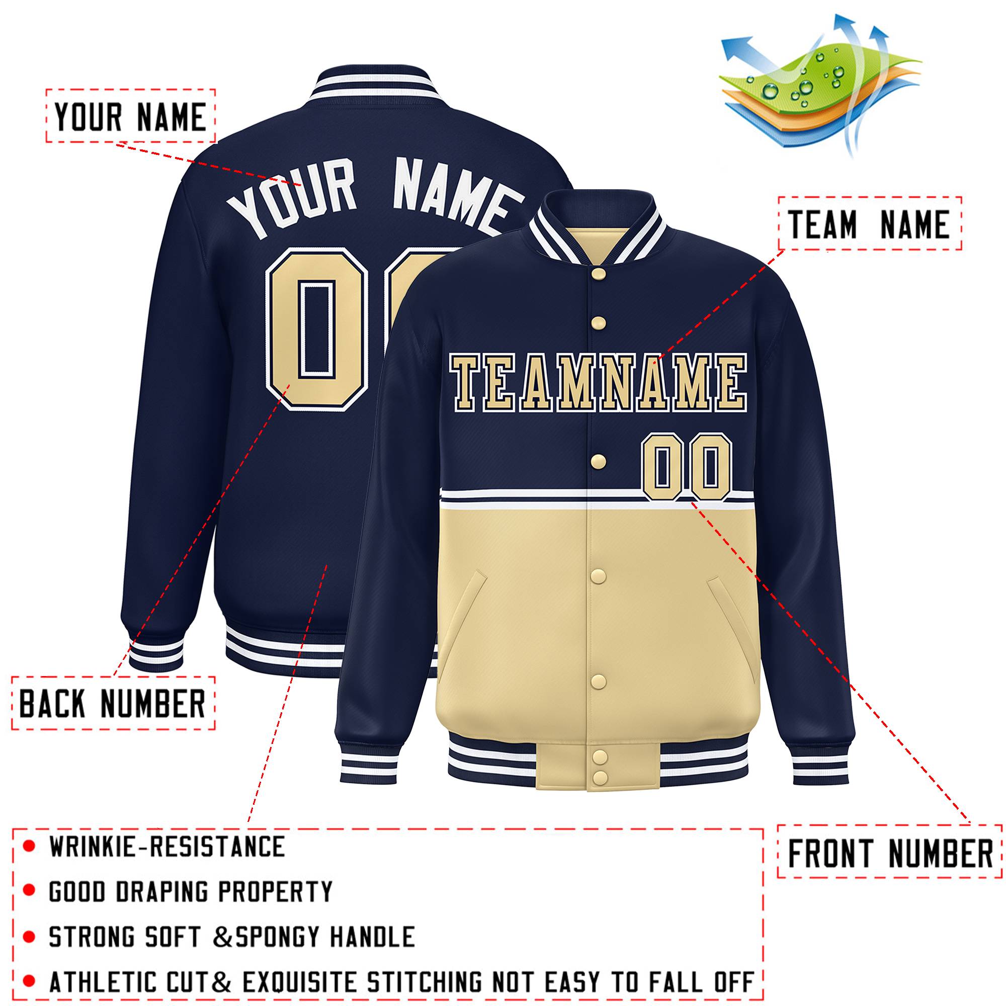 Custom Navy Khaki Varsity Full-Snap Color Block Letterman Jacket