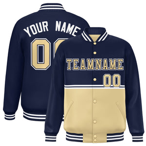 Custom Navy Khaki Varsity Full-Snap Color Block Letterman Jacket