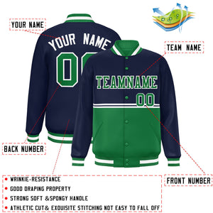 Custom Navy Kelly Green Varsity Full-Snap Color Block Letterman Jacket