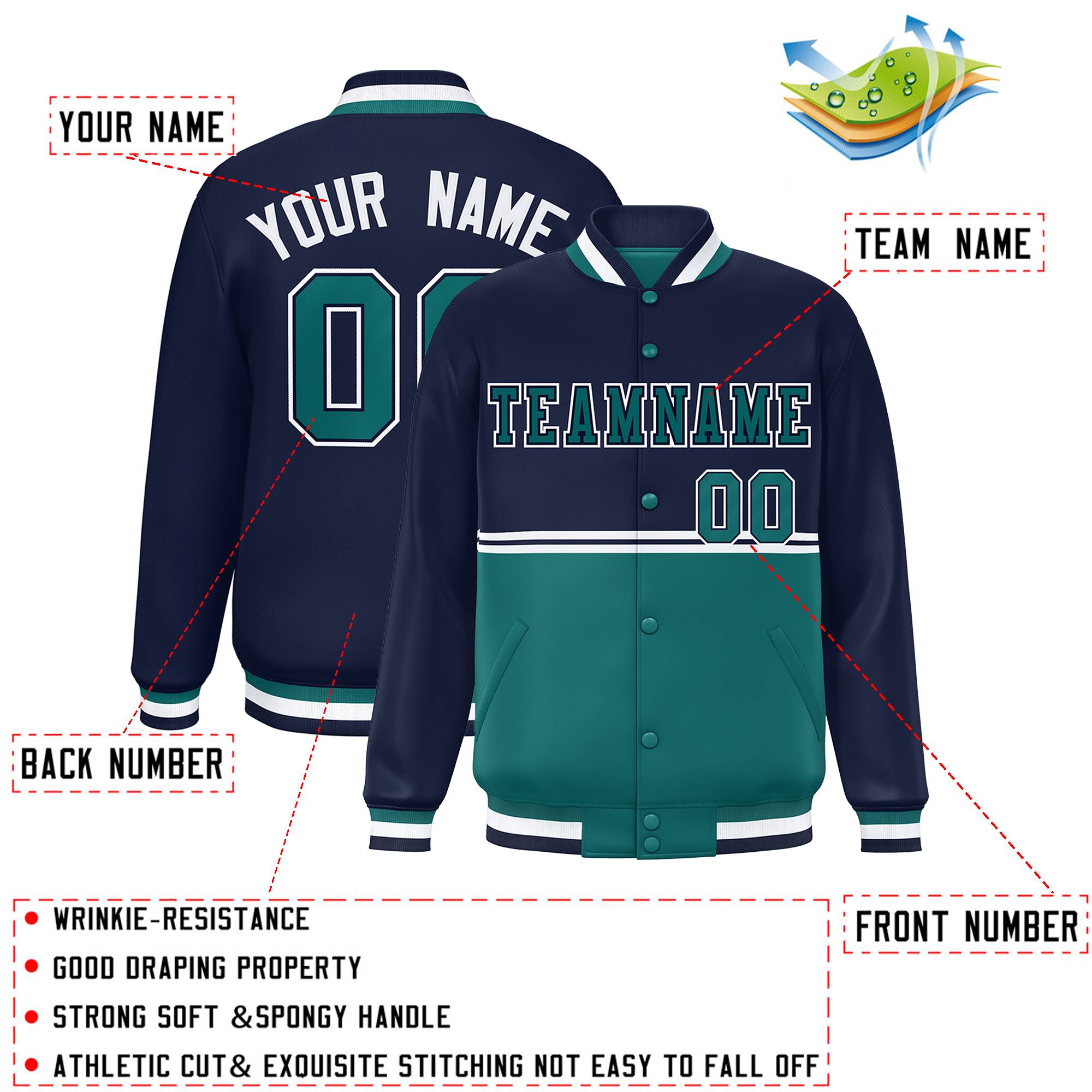 Custom Navy Aqua Varsity Full-Snap Color Block Letterman Jacket