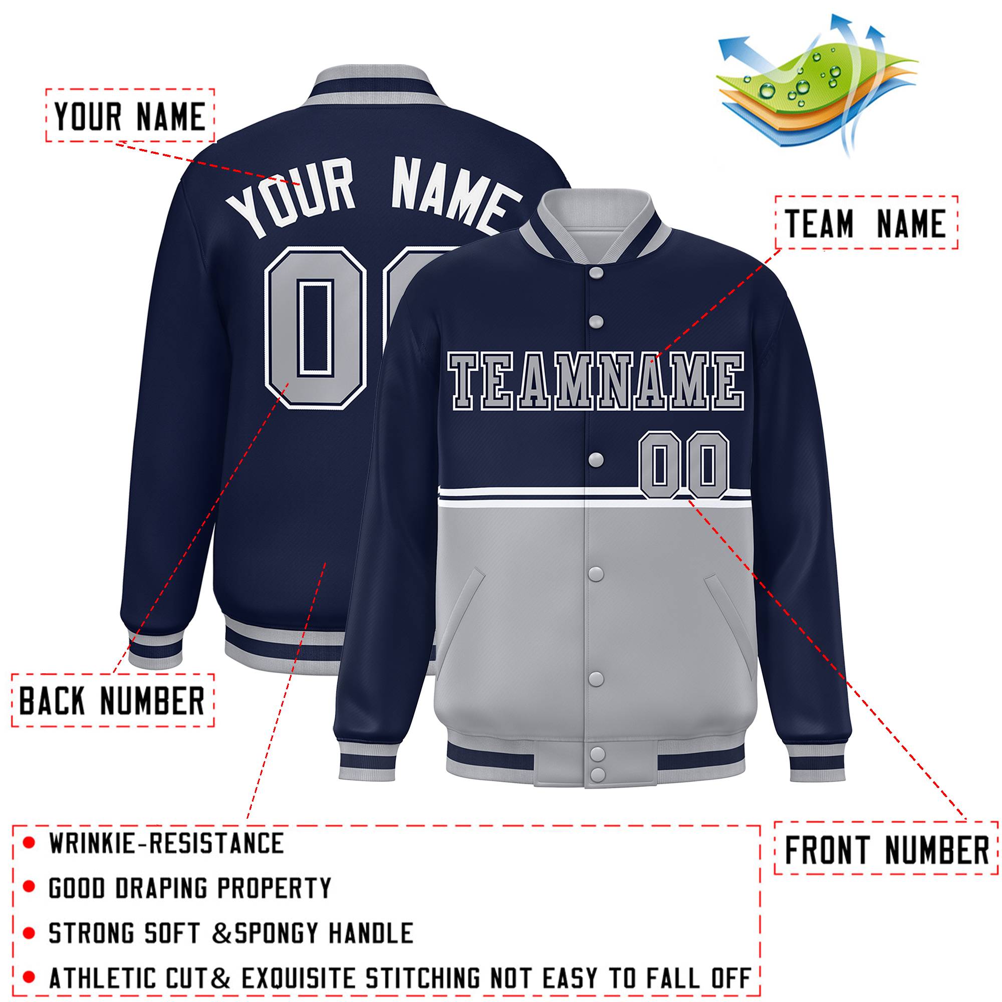 Custom Navy Gray Varsity Full-Snap Color Block Letterman Jacket