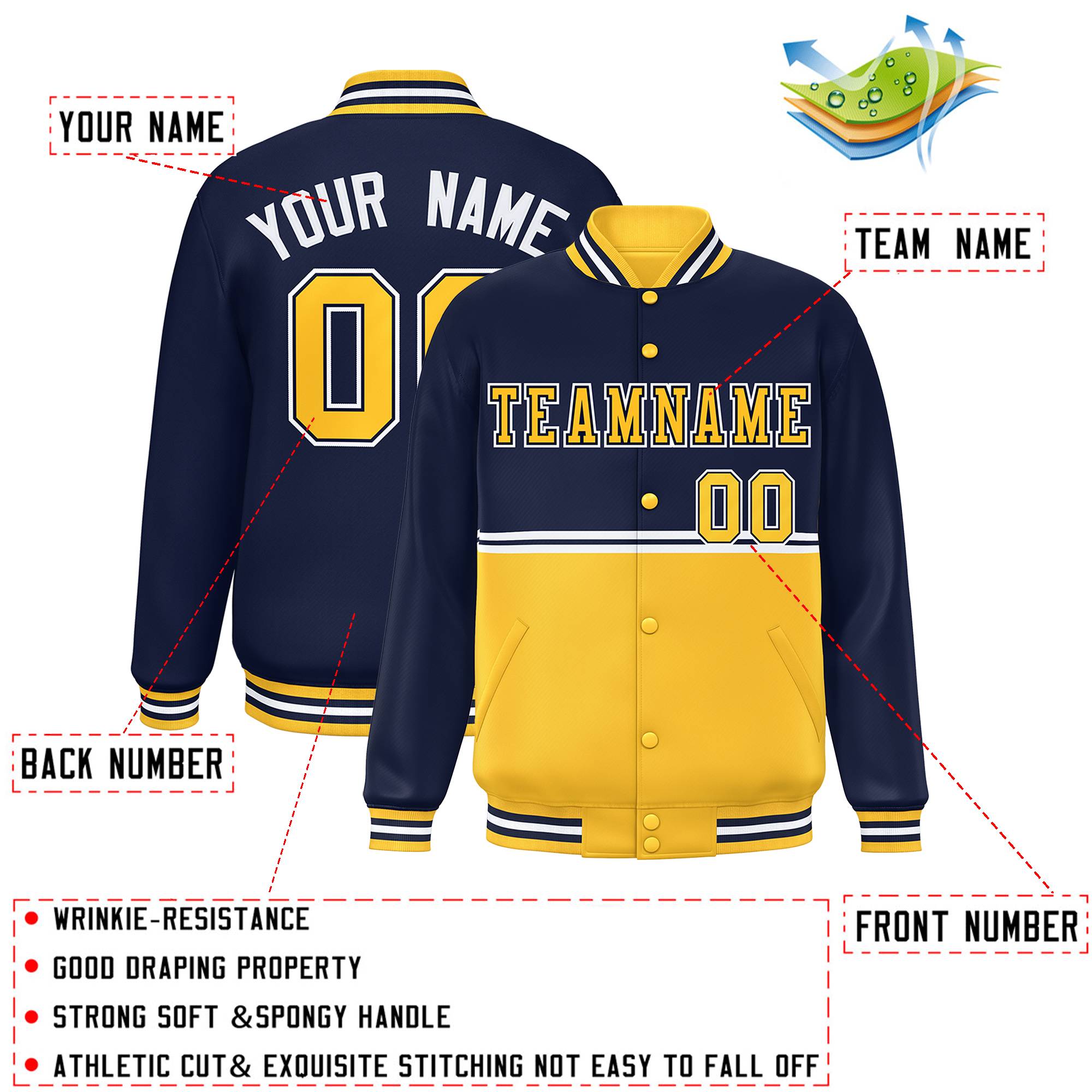 Custom Navy Gold Varsity Full-Snap Color Block Letterman Jacket