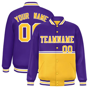 Custom Purple Gold Varsity Full-Snap Color Block Letterman Jacket