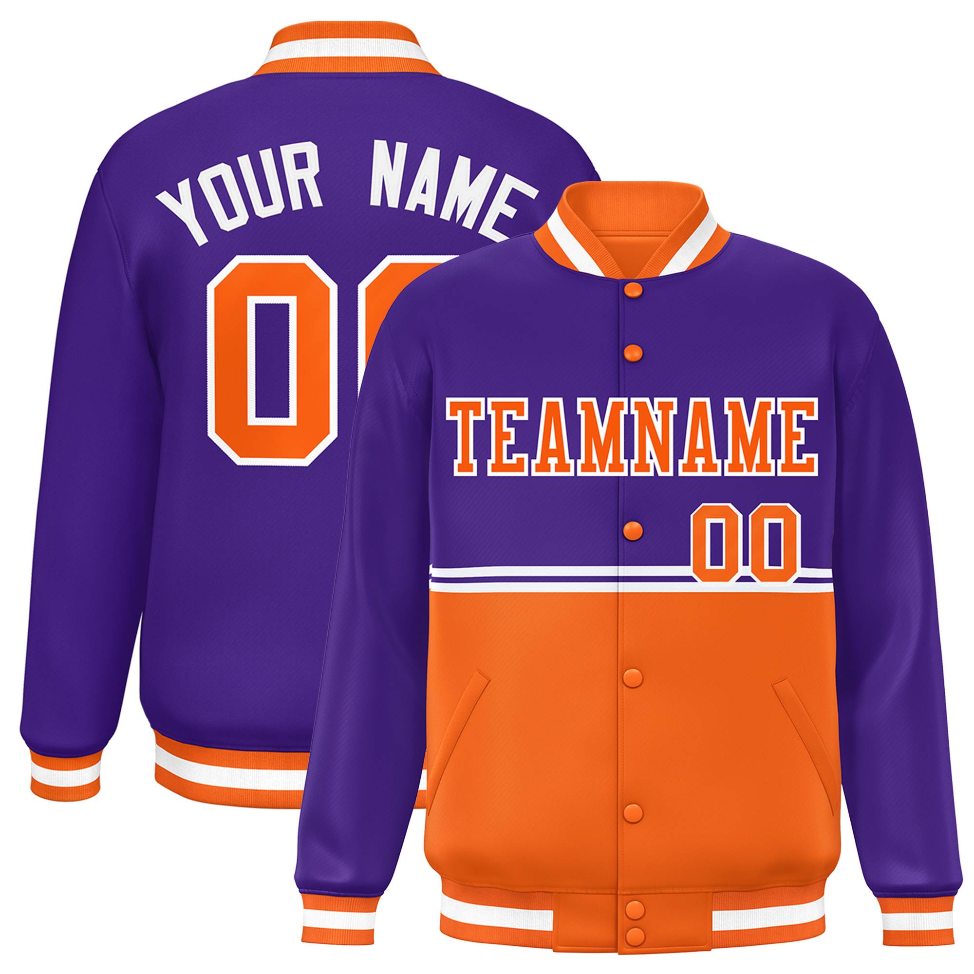 Custom Purple Orange Varsity Full-Snap Color Block Letterman Jacket