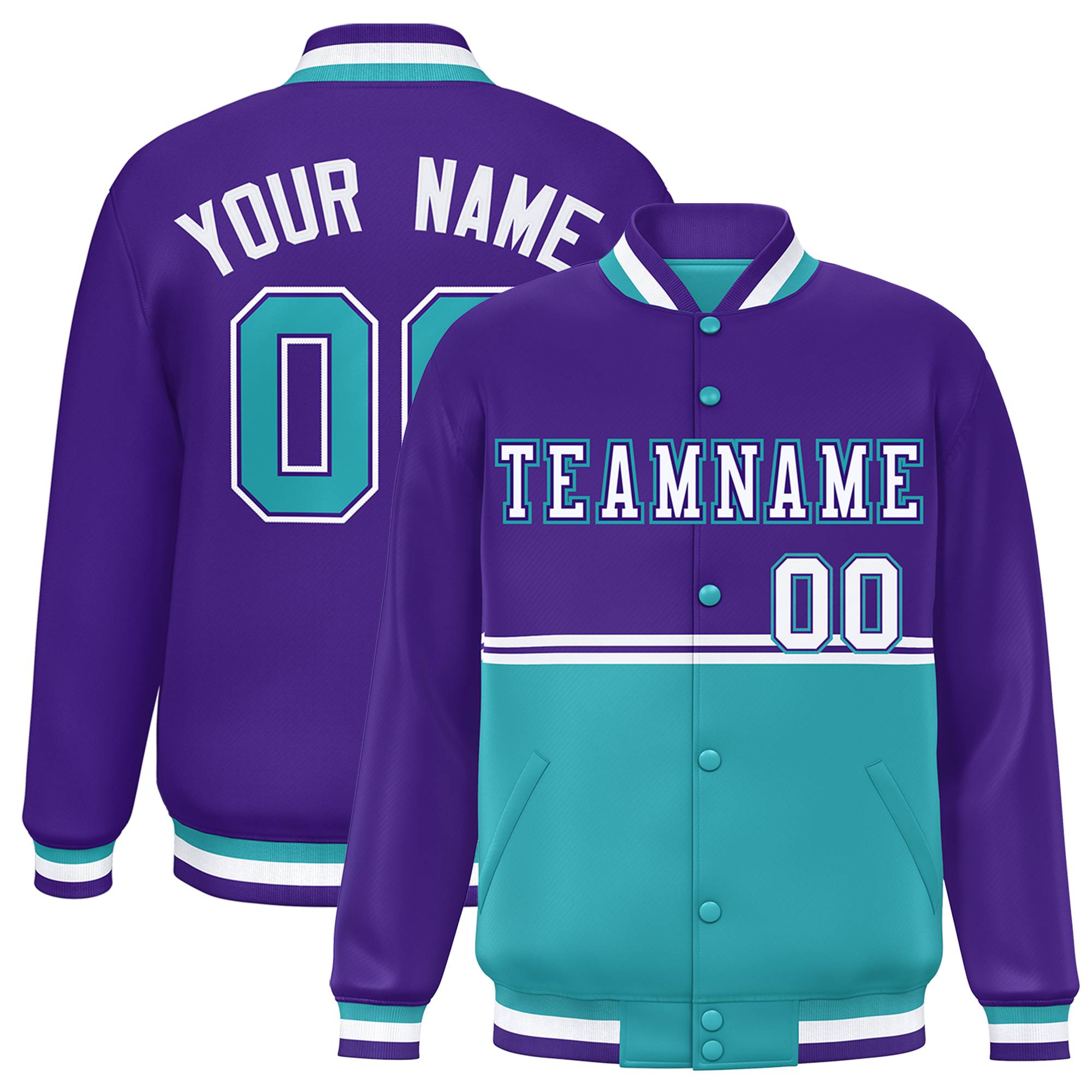 Custom Purple Aqua Varsity Full-Snap Color Block Letterman Jacket