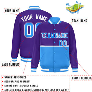 Custom Purple Powder Blue Varsity Full-Snap Color Block Letterman Jacket