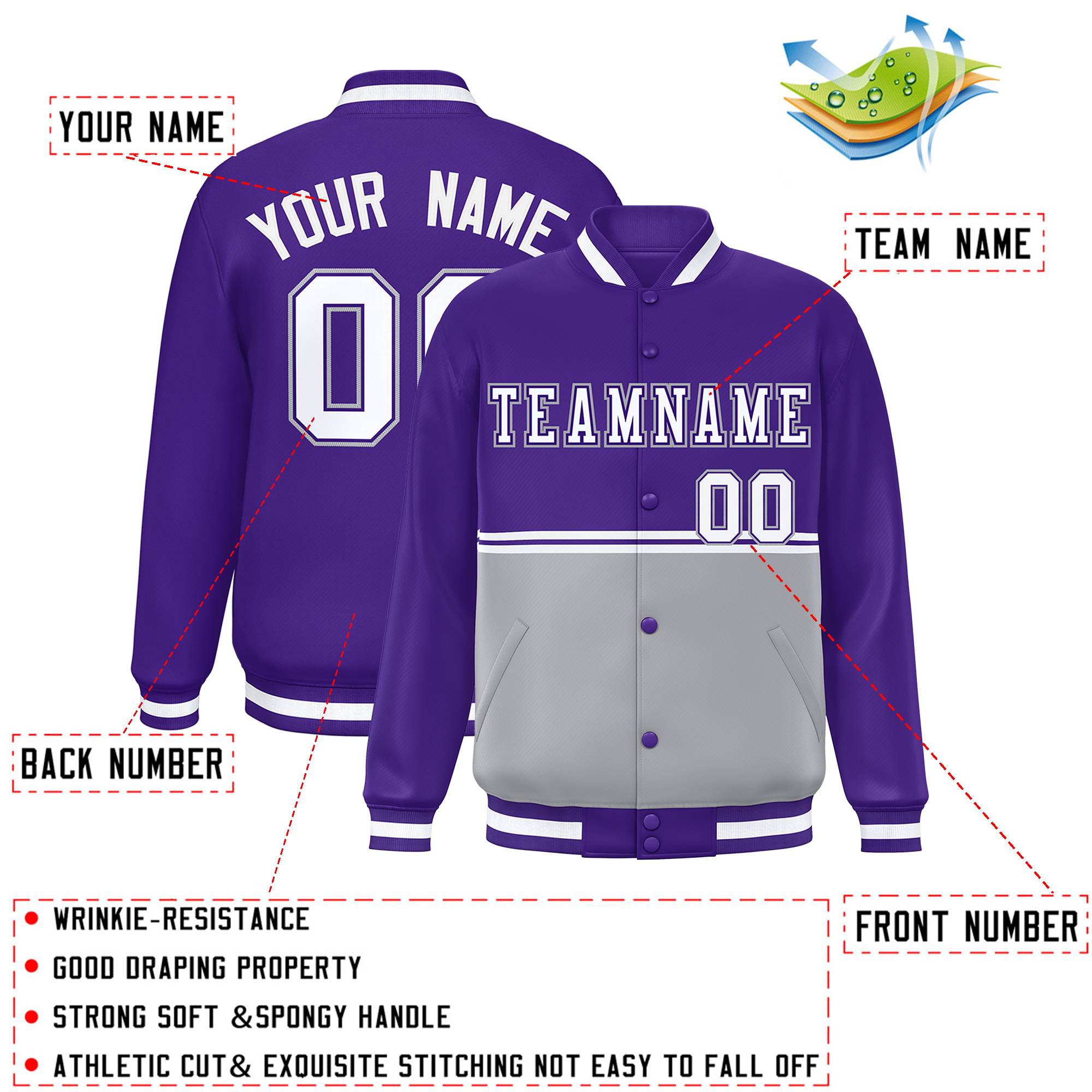 Custom Purple Gray Varsity Full-Snap Color Block Letterman Jacket