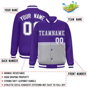 Custom Purple Gray Varsity Full-Snap Color Block Letterman Jacket