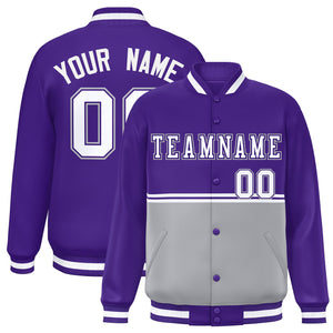 Custom Purple Gray Varsity Full-Snap Color Block Letterman Jacket