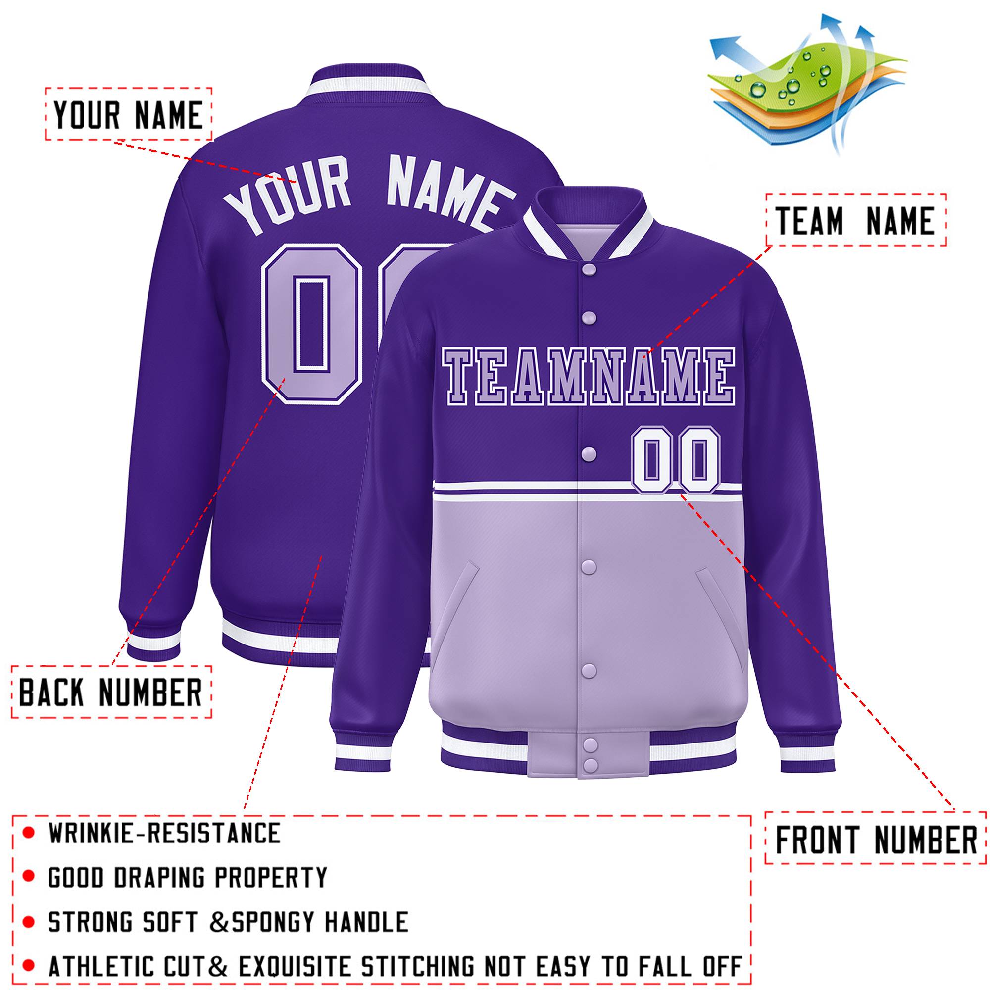 Custom Purple Light Purple Varsity Full-Snap Color Block Letterman Jacket