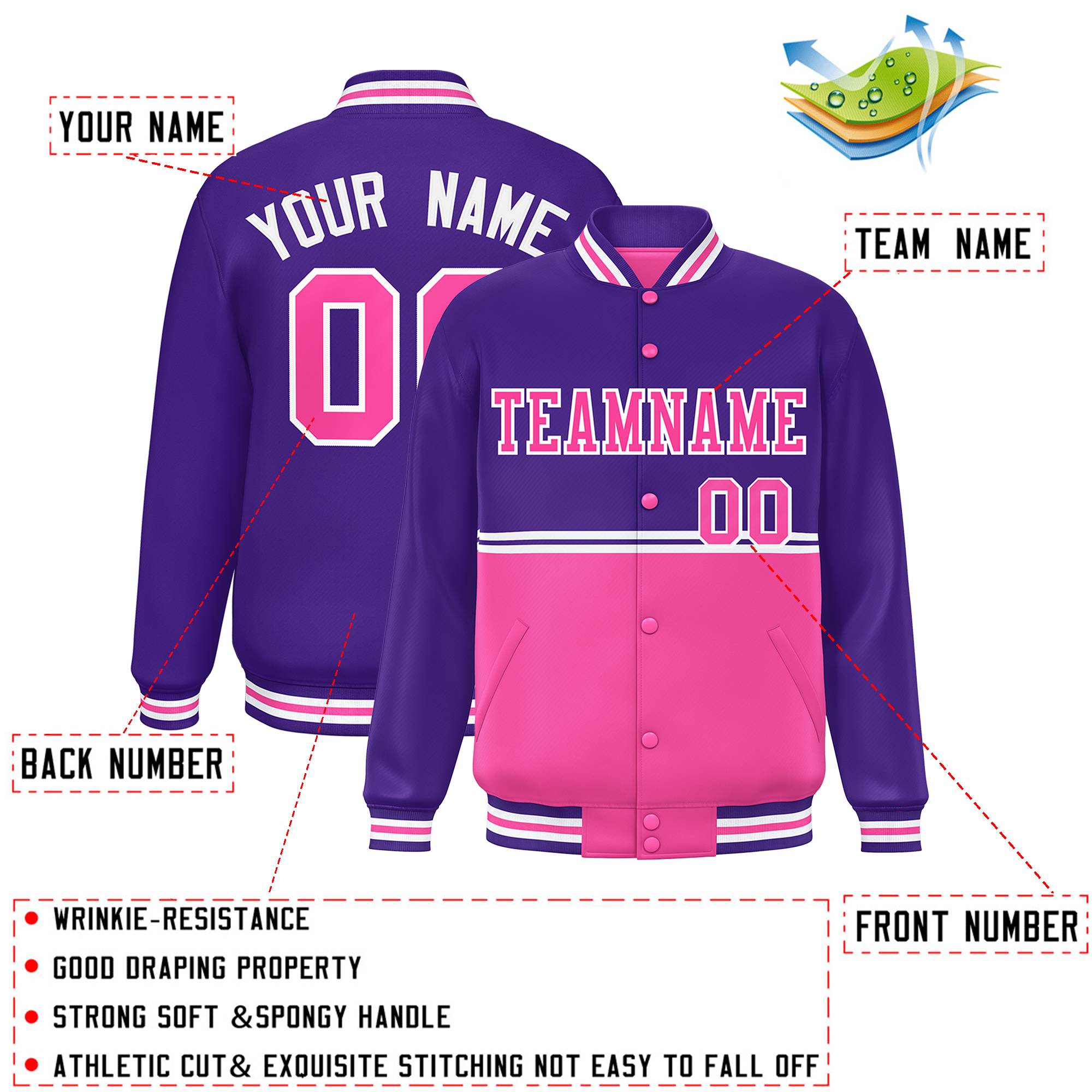 Custom Purple Pink Varsity Full-Snap Color Block Letterman Jacket