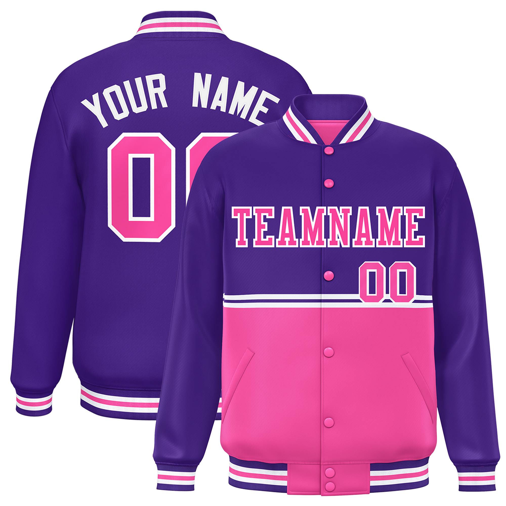 Custom Purple Pink Varsity Full-Snap Color Block Letterman Jacket