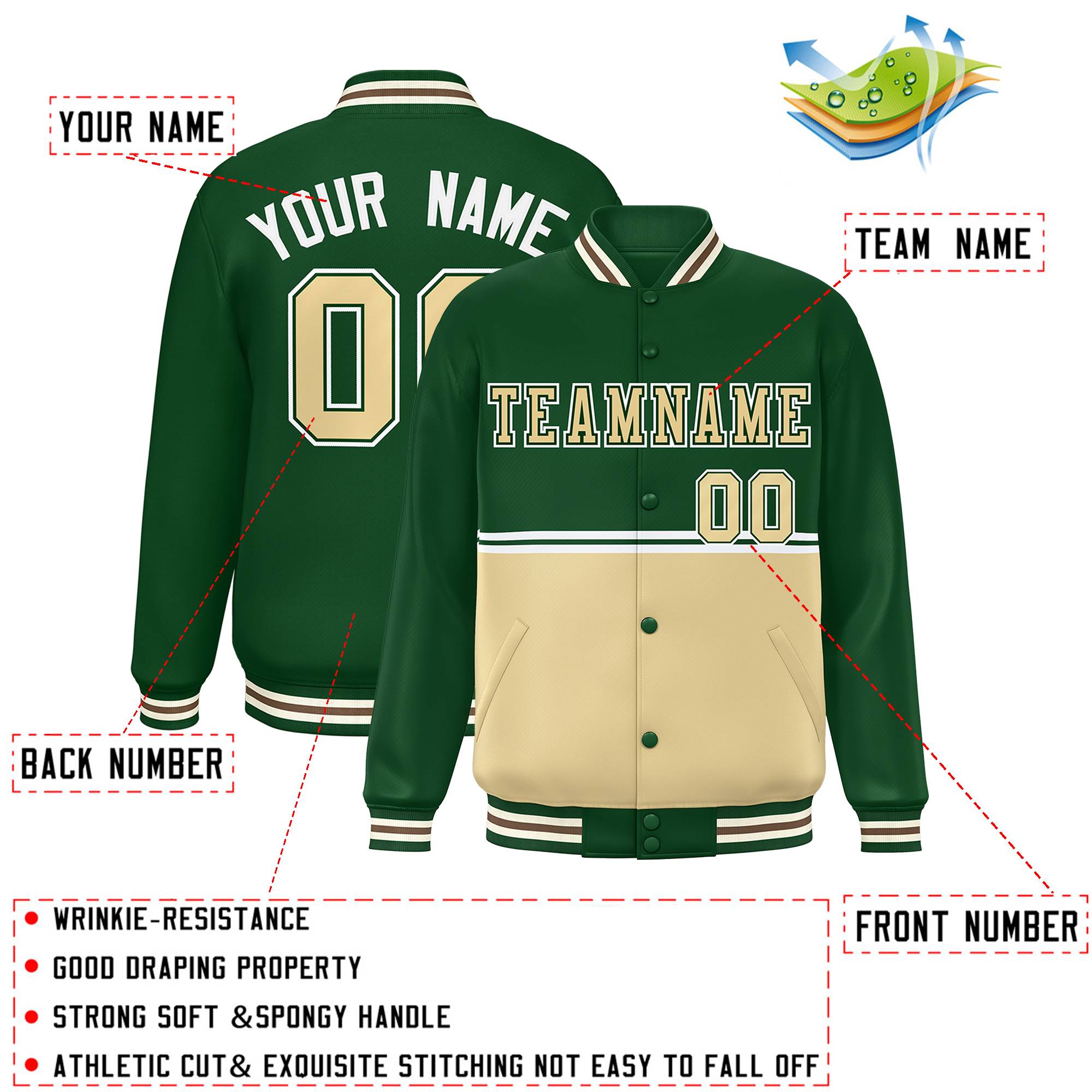 Custom Green Khaki Varsity Full-Snap Color Block Letterman Jacket